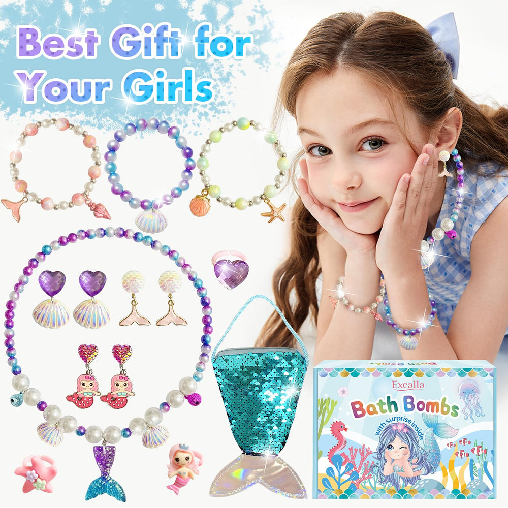 Excalla Mermaid Bath Bombs reveal pearl necklace and other jewelry inside.