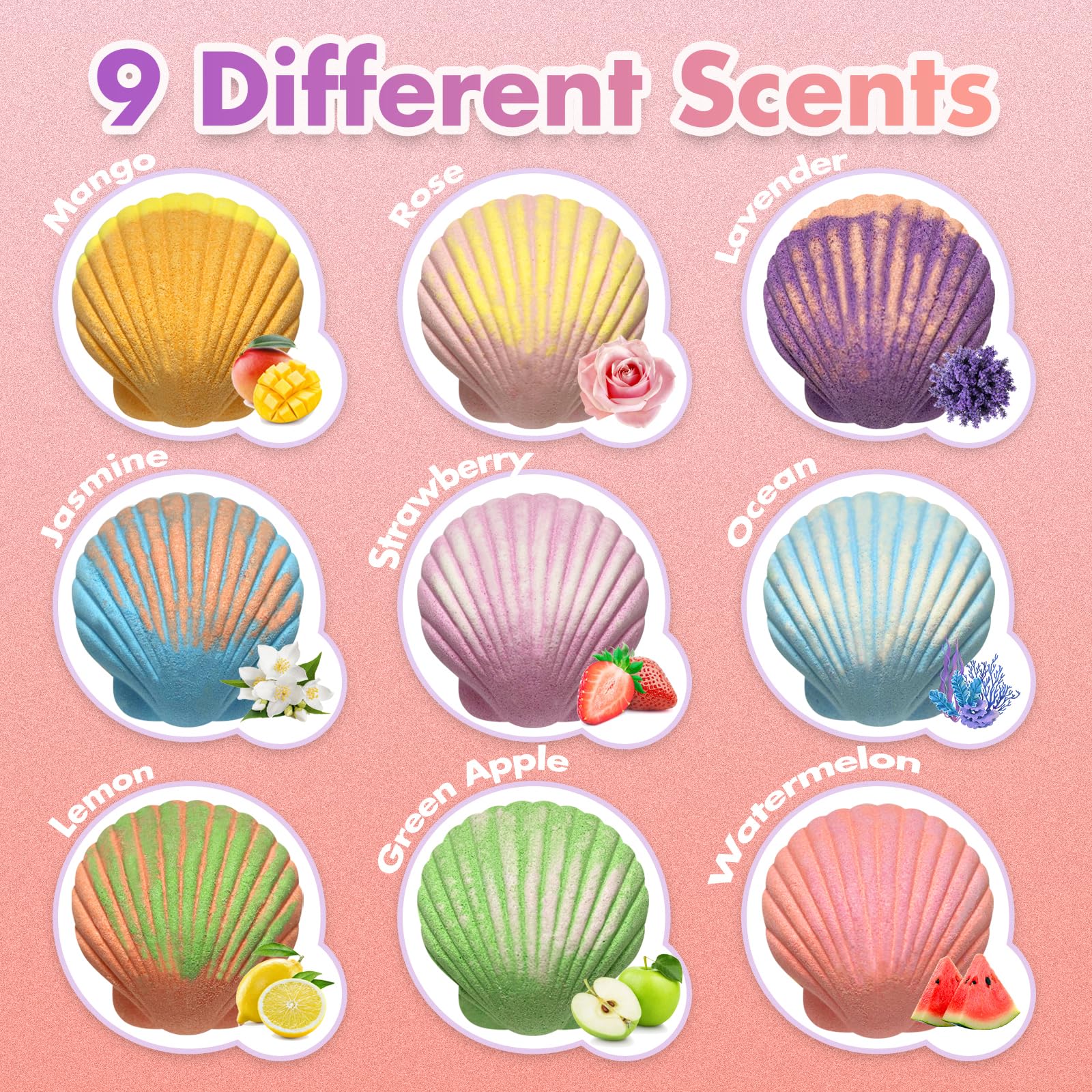 Excalla Mermaid Bath Bombs display nine scents including Mango and Lavender.