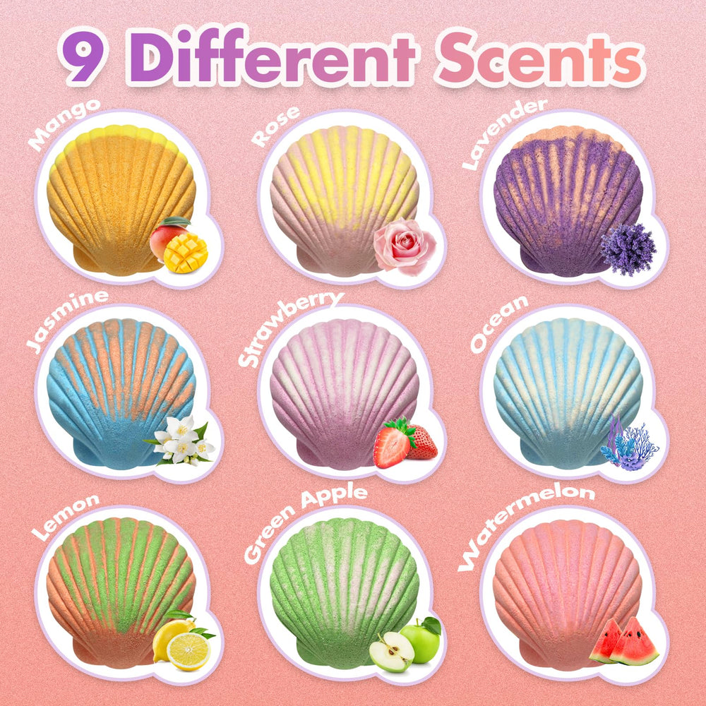 Excalla Mermaid Bath Bombs display nine scents including Mango and Lavender.