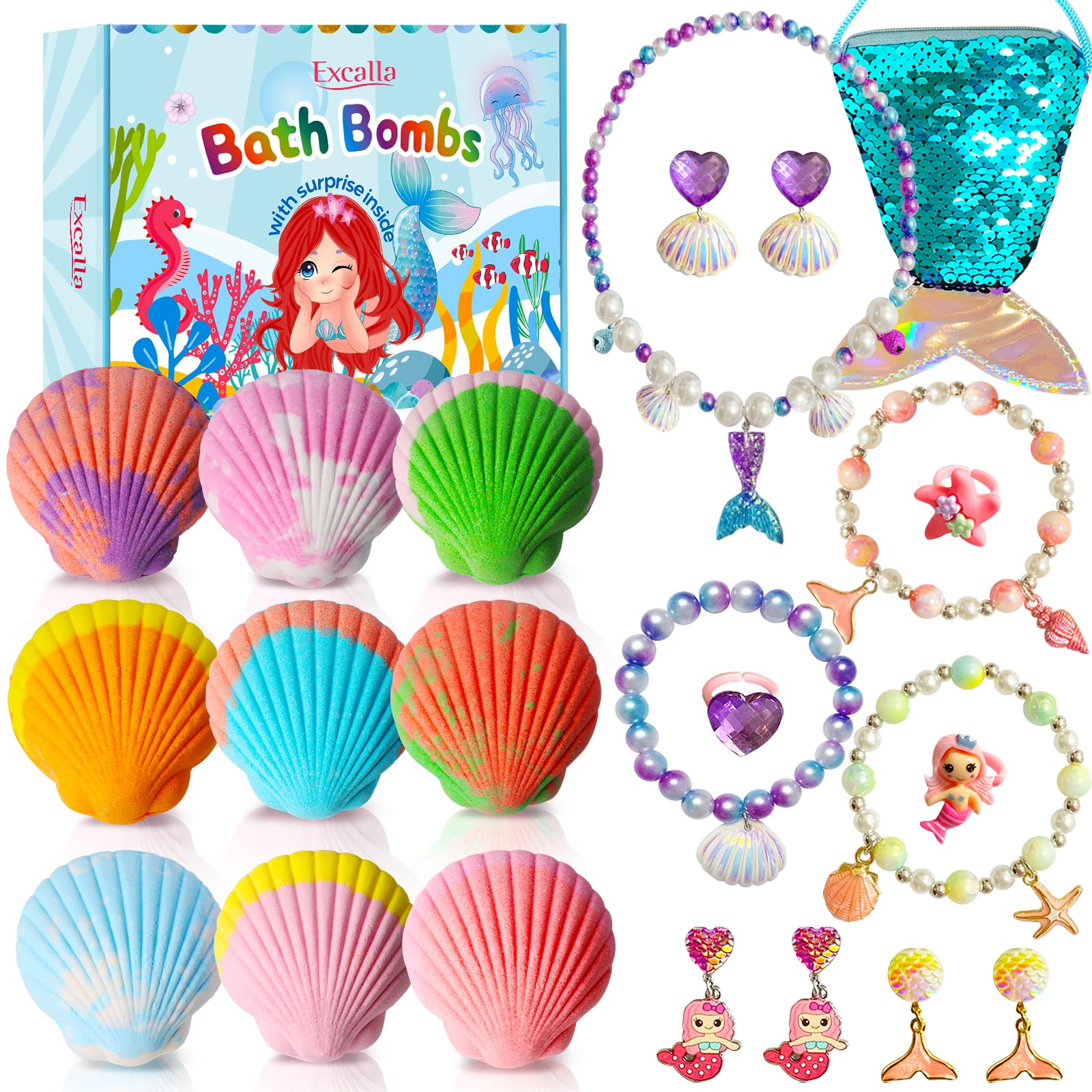 Excalla Mermaid Bath Bombs with jewelry inside shown beside a gift bag for anticipation.