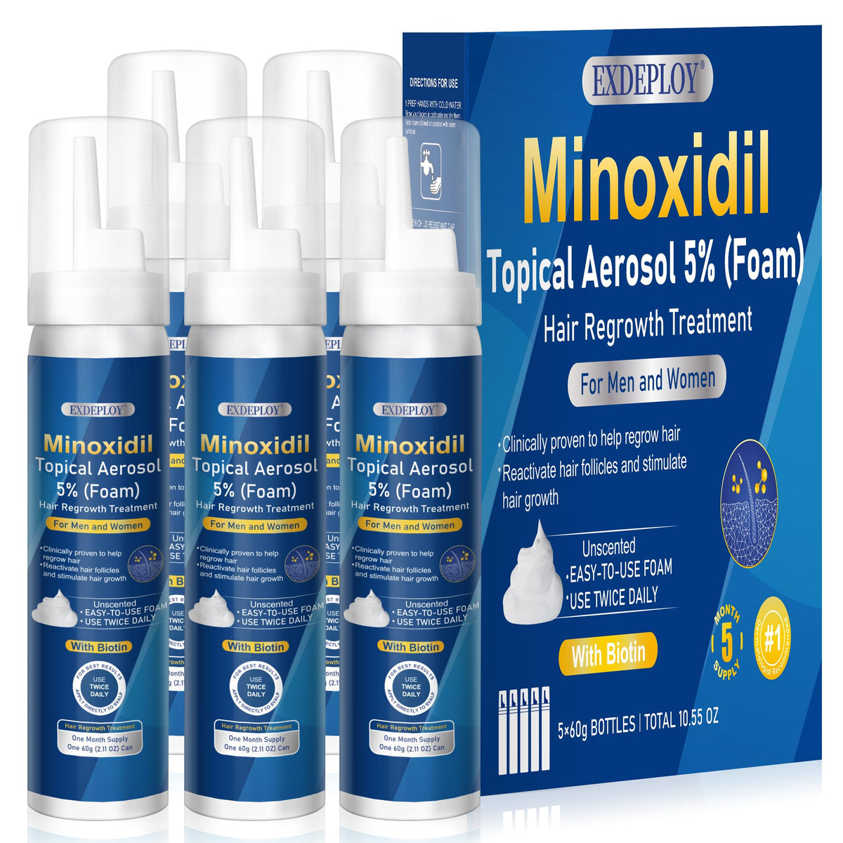 Exdeploy minoxidil foam bottle showing 5% formula for scalp regrowth on the go