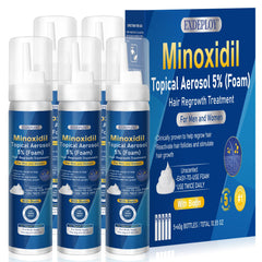 Exdeploy minoxidil foam bottle showing 5% formula for scalp regrowth on the go