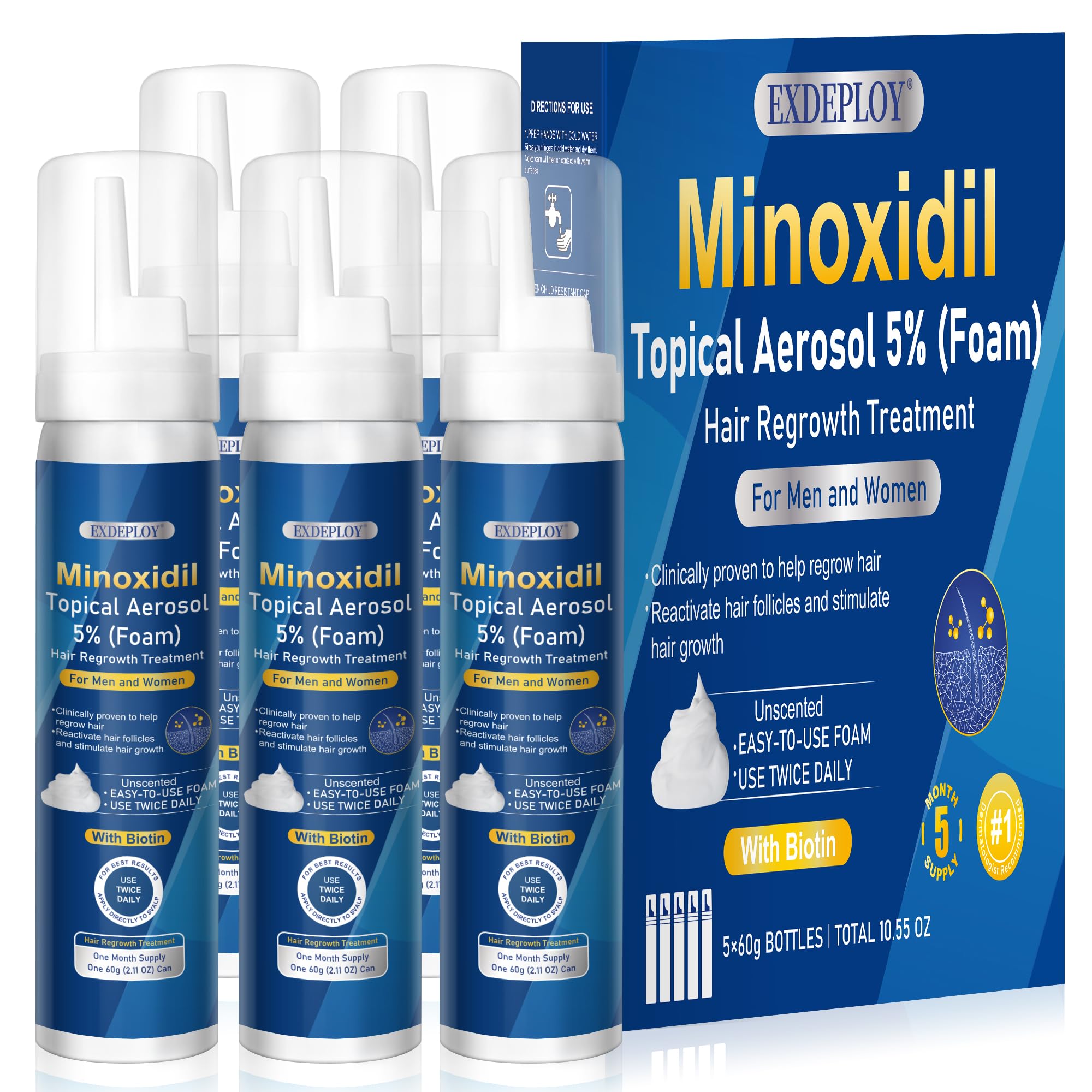 Exdeploy minoxidil foam bottle close-up showing 5% strength for hair support