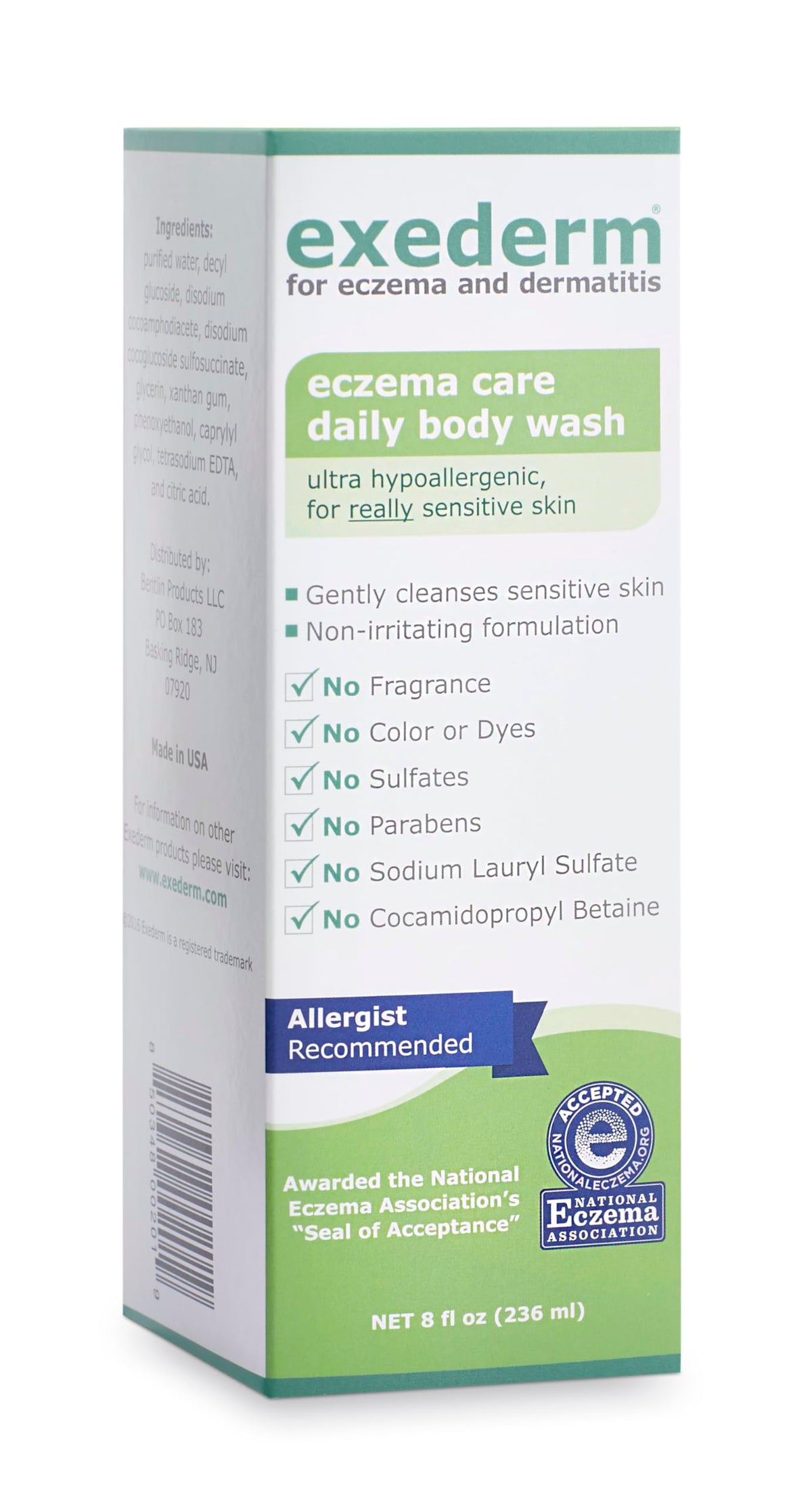 Exederm Body Wash bottle highlighting ultra-hypoallergenic cleansing for sensitive skin.
