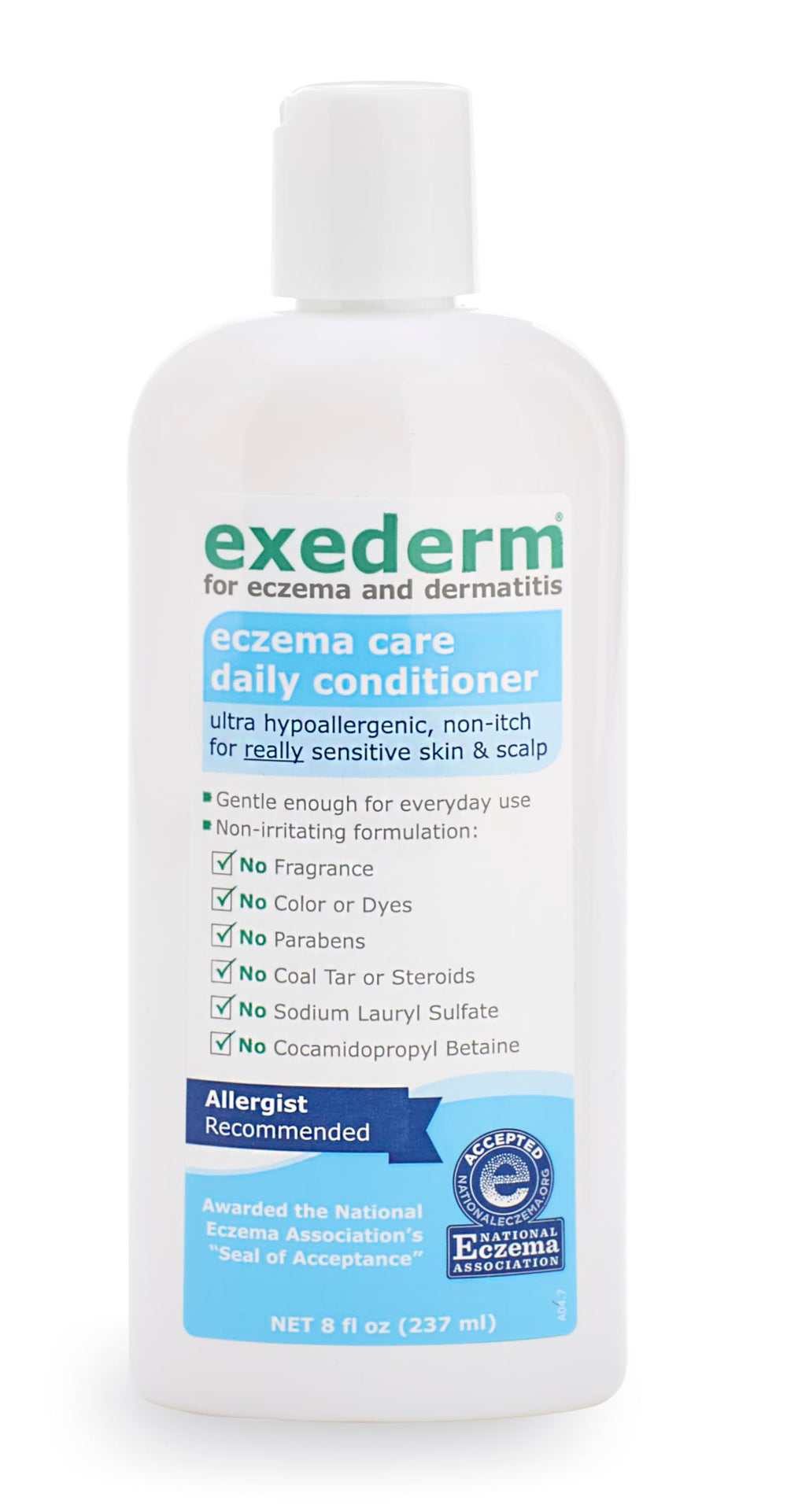 Exederm conditioner bottle being poured for sensitive scalp hydration.