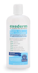 Exederm conditioner bottle being poured for sensitive scalp hydration.