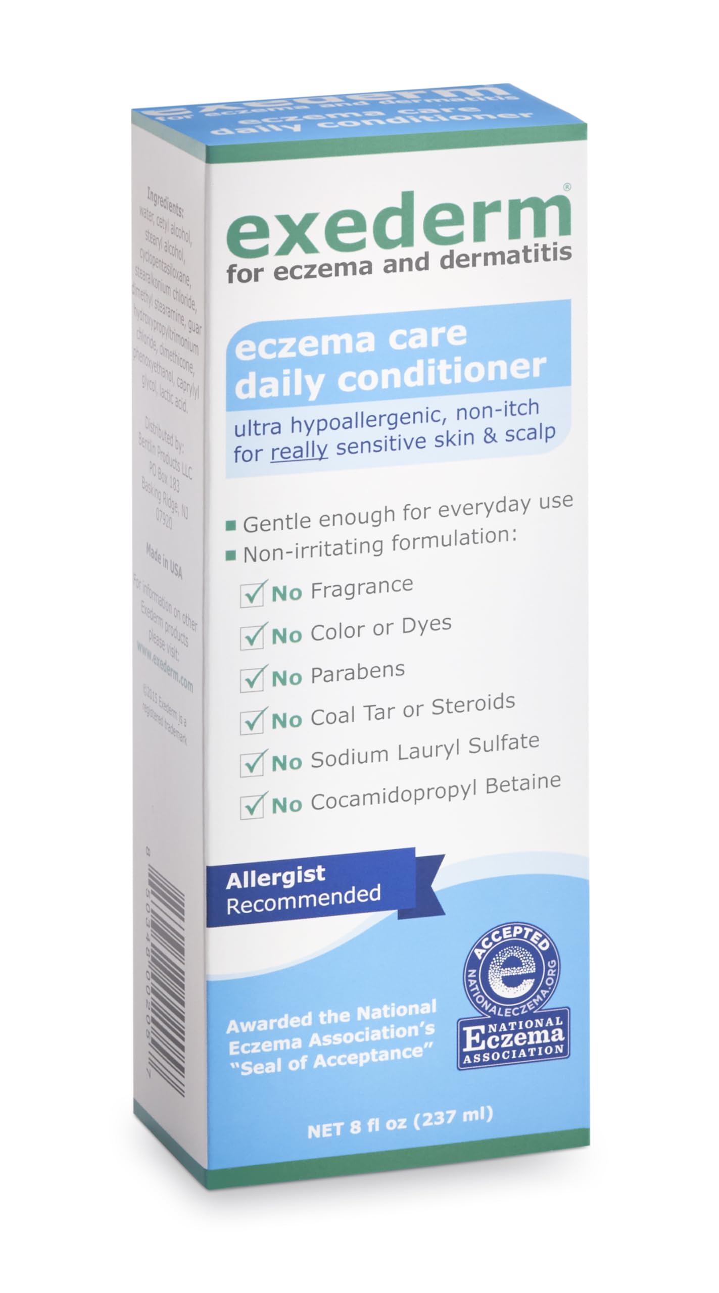 Exederm conditioner ingredients label highlights hypoallergenic, gentle formula.