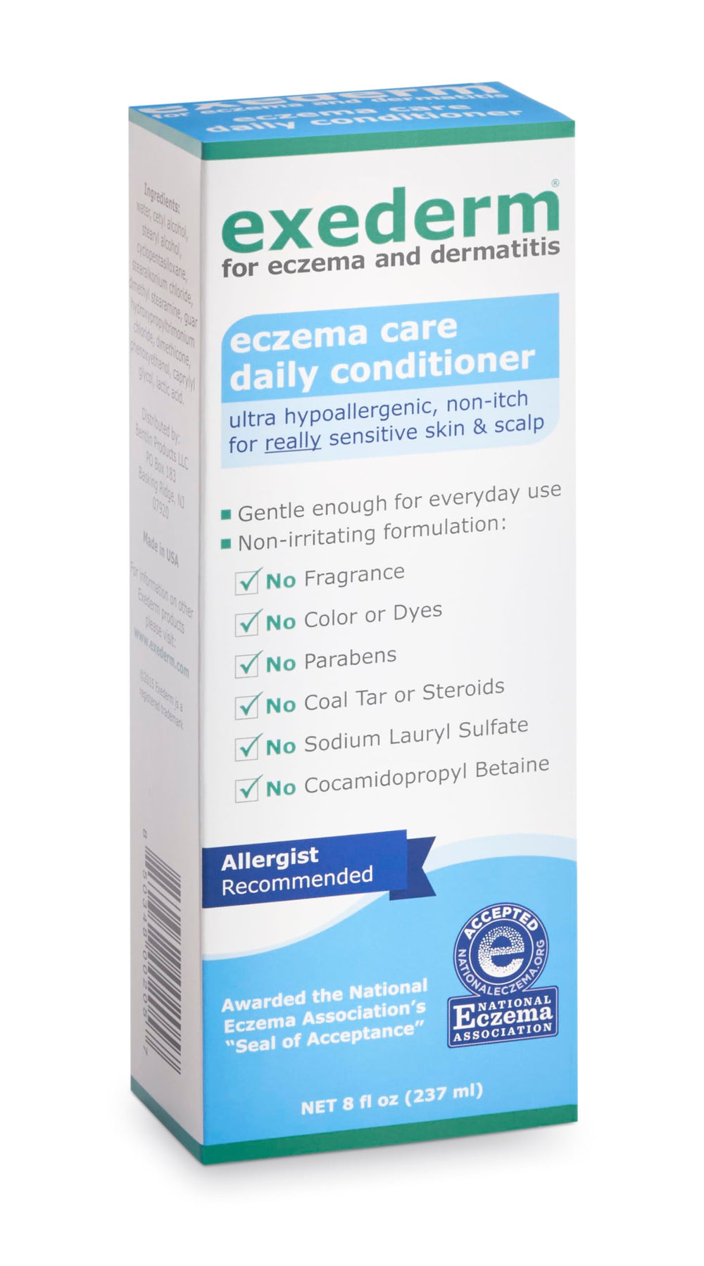 Exederm conditioner ingredients label highlights hypoallergenic, gentle formula.