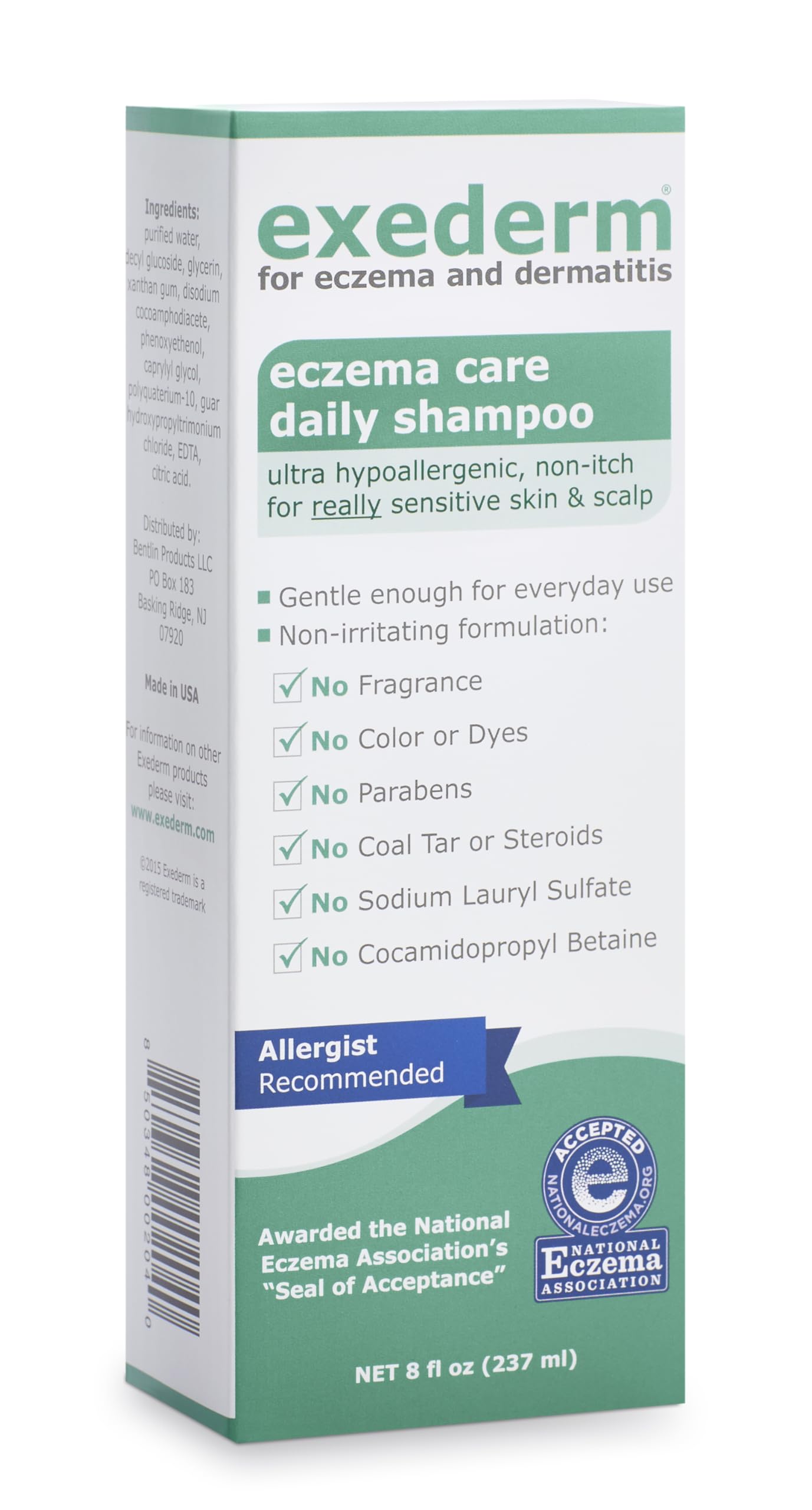Exederm shampoo bottle pour showing gentle daily cleanse for sensitive scalp
