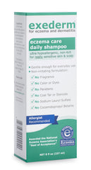 Exederm shampoo bottle pour showing gentle daily cleanse for sensitive scalp