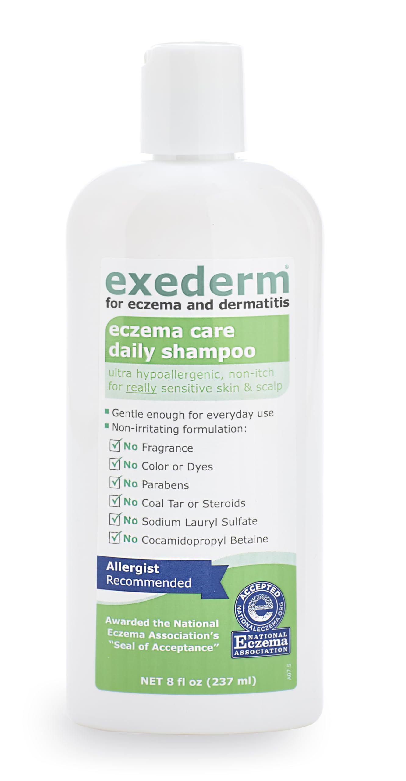 Exederm shampoo close-up illustrating soothing lather for irritated flaky scalp
