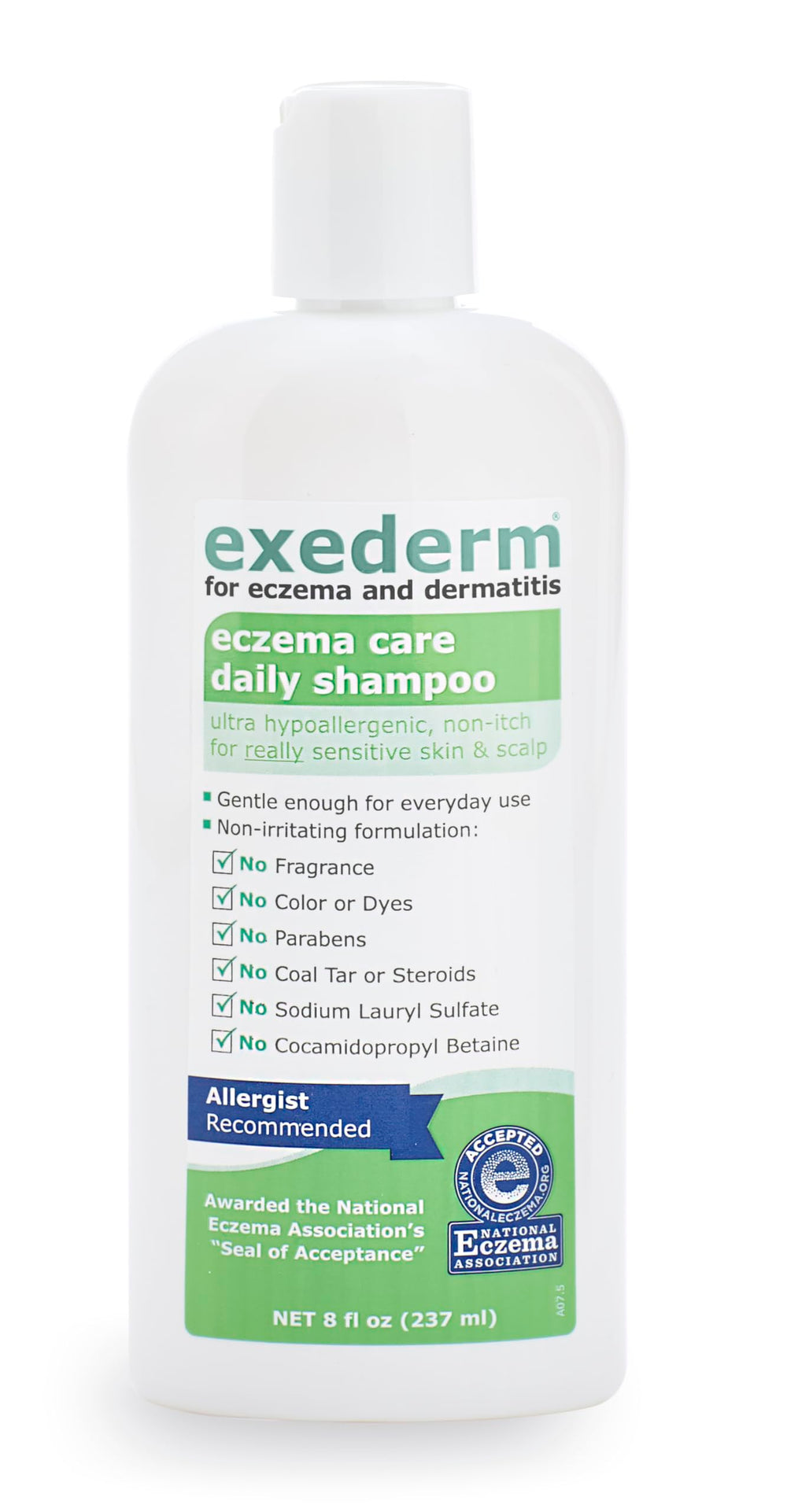 Exederm shampoo close-up illustrating soothing lather for irritated flaky scalp