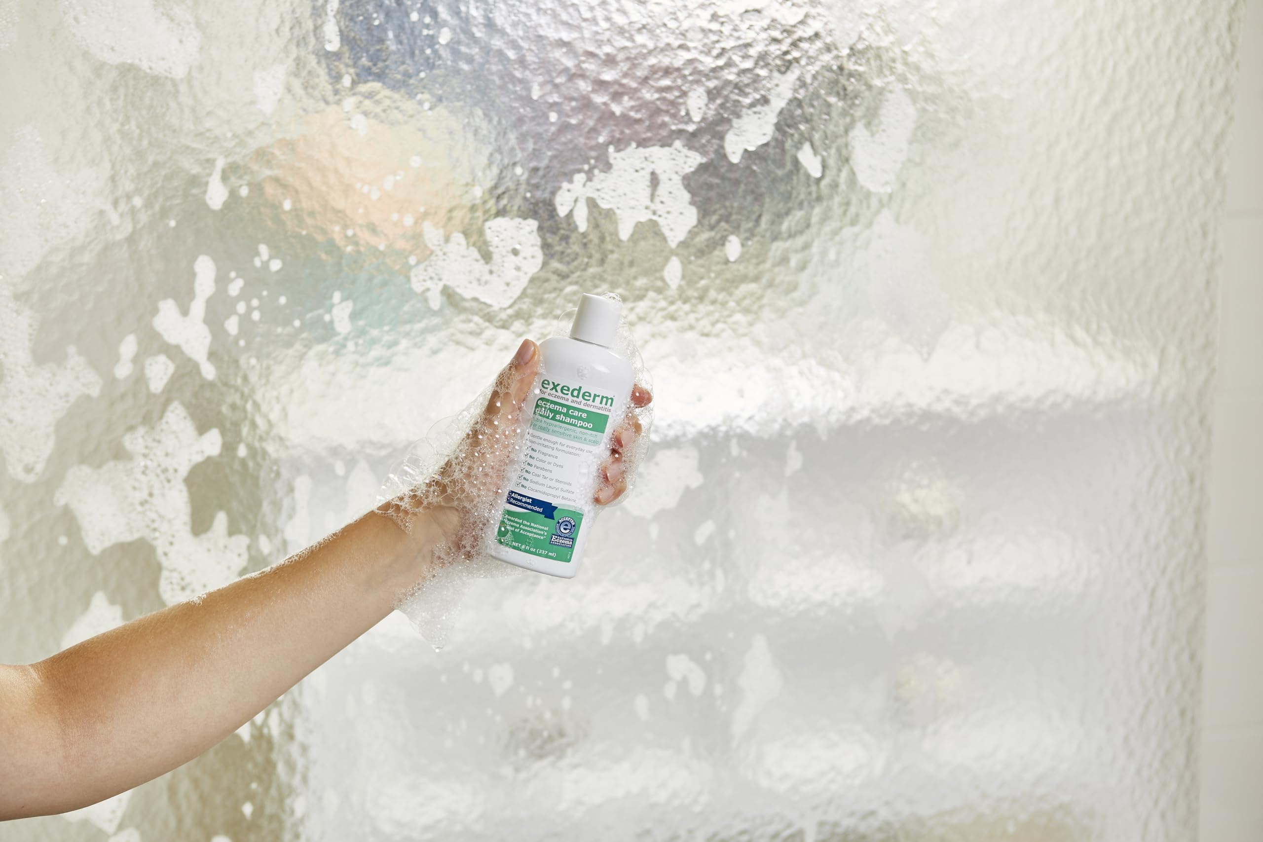 Exederm shampoo in daily use scene for calm, routine scalp care