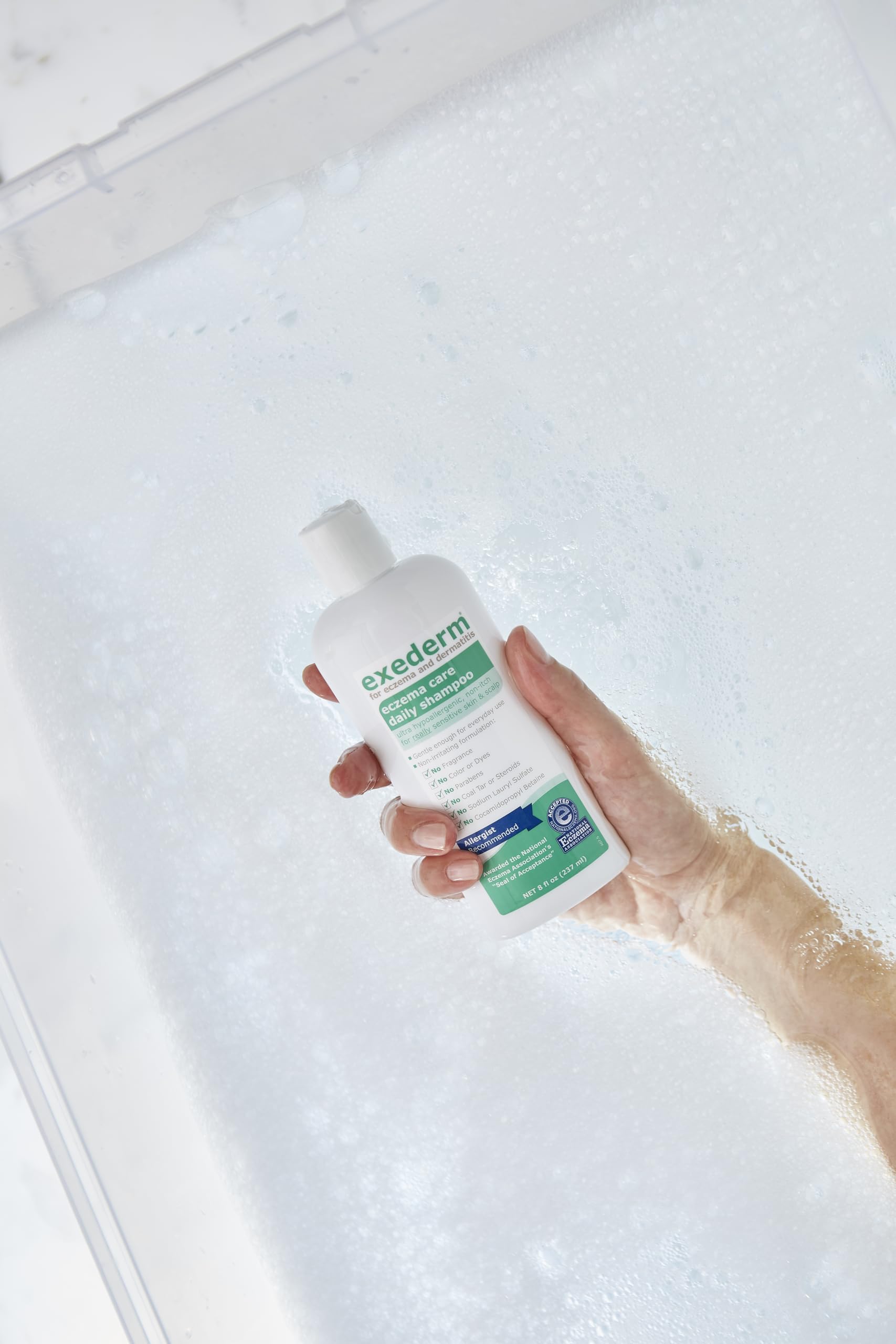 Exederm shampoo ingredients label highlighting hypoallergenic, sulfate-free formula