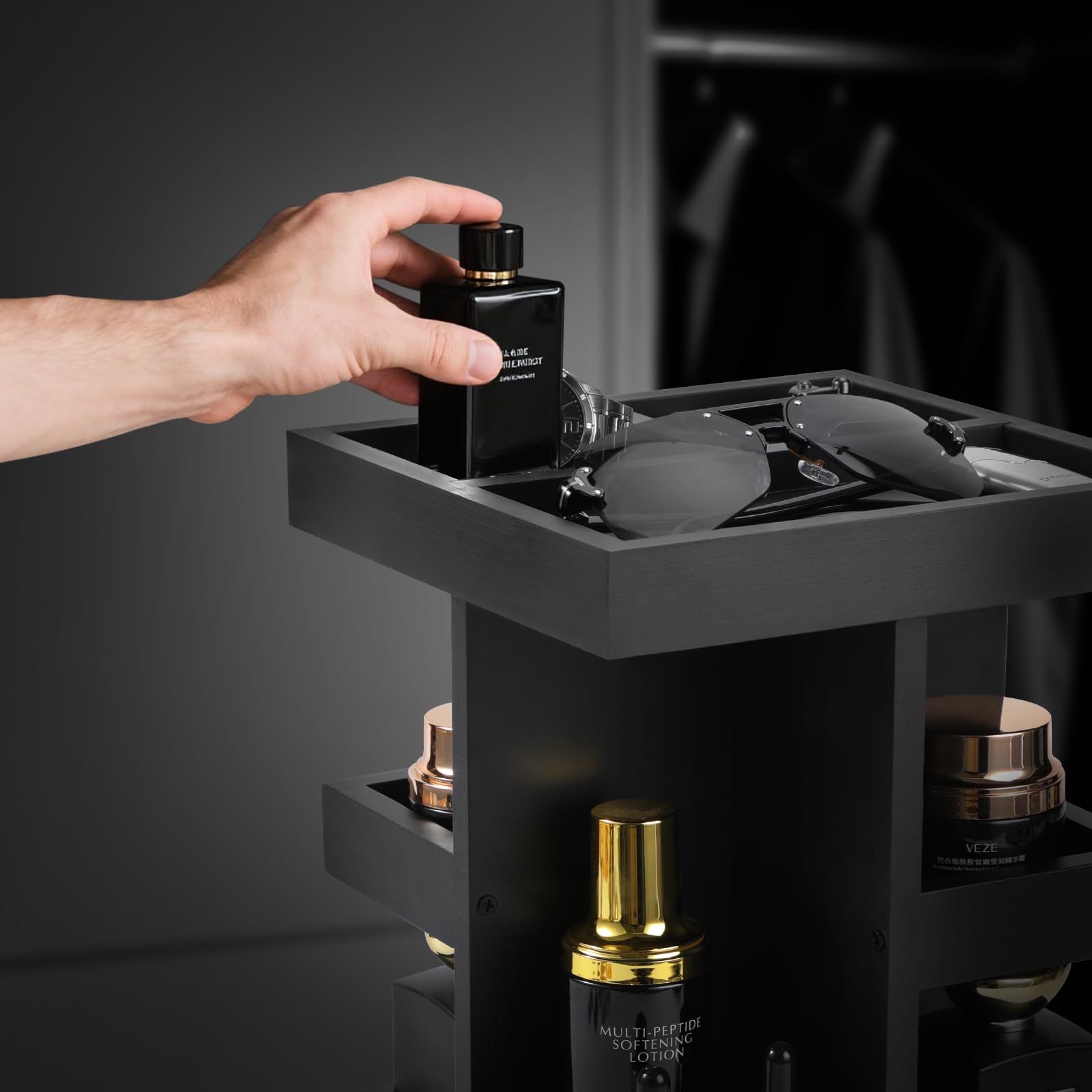 EXIN DECHEN Nightstand display holds bottles and jewelry neatly.