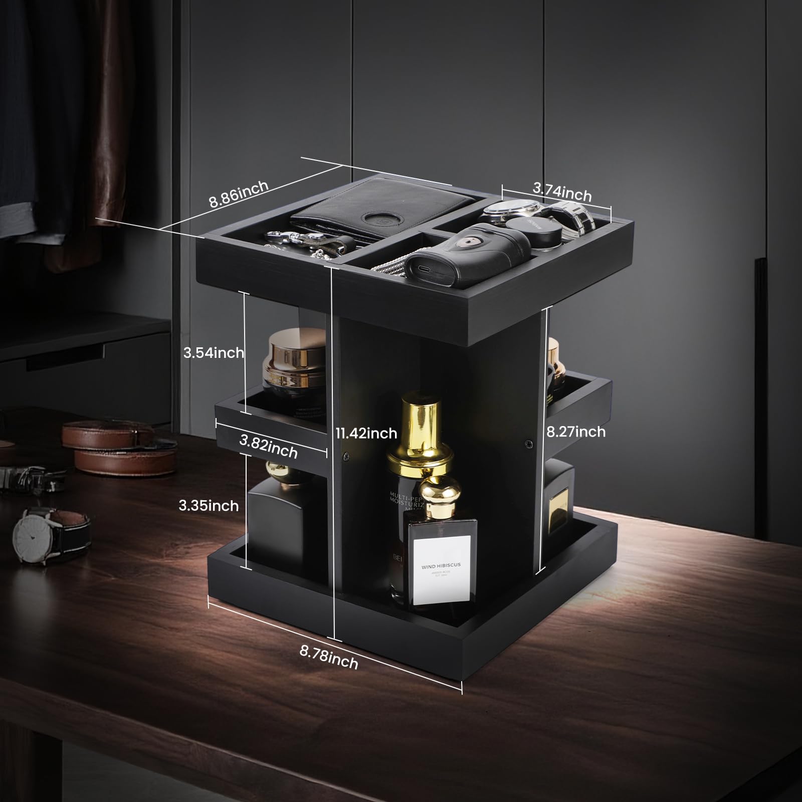 EXIN DECHEN wood shelf displays perfume bottles on a stylish pine frame for organized storage.