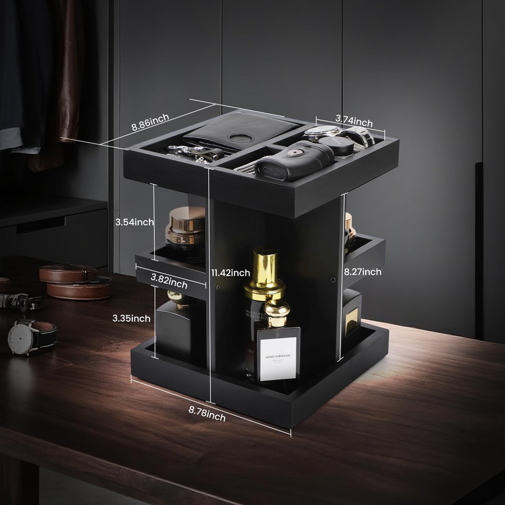 EXIN DECHEN wood shelf displays perfume bottles on a stylish pine frame for organized storage.