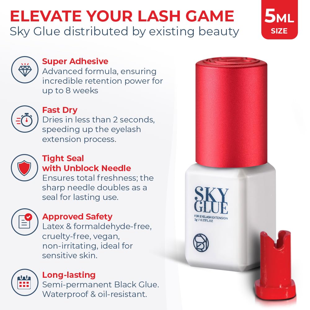 Existing Beauty Sky Glue S+ black-adhesive-closeup highlights strong bonding for lasting lash extensions.