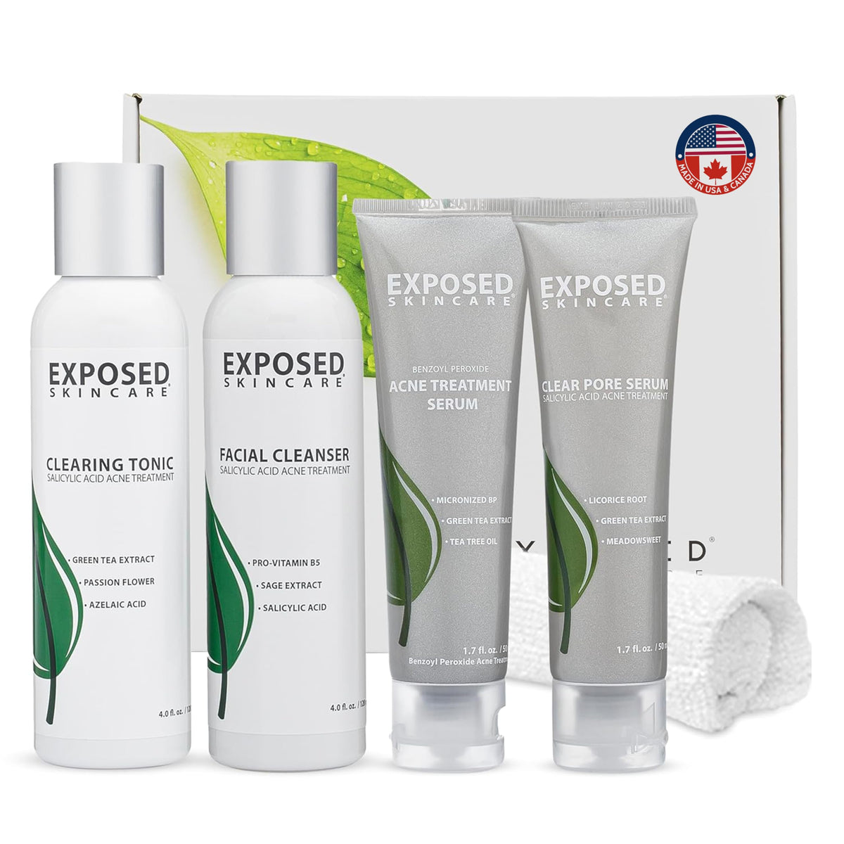 Exposed Skin Care basic acne kit packaging closeup demonstrates non-toxic, beginner-friendly routine