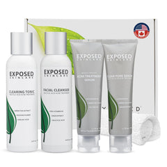 Exposed Skin Care basic acne kit packaging closeup demonstrates non-toxic, beginner-friendly routine