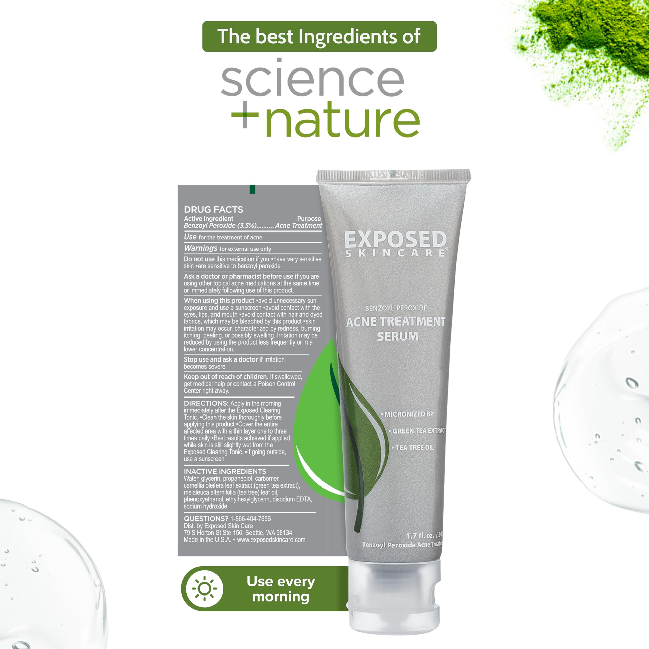 Exposed Skin Care benzoyl peroxide graphic illustrates targeted acne-fighting power