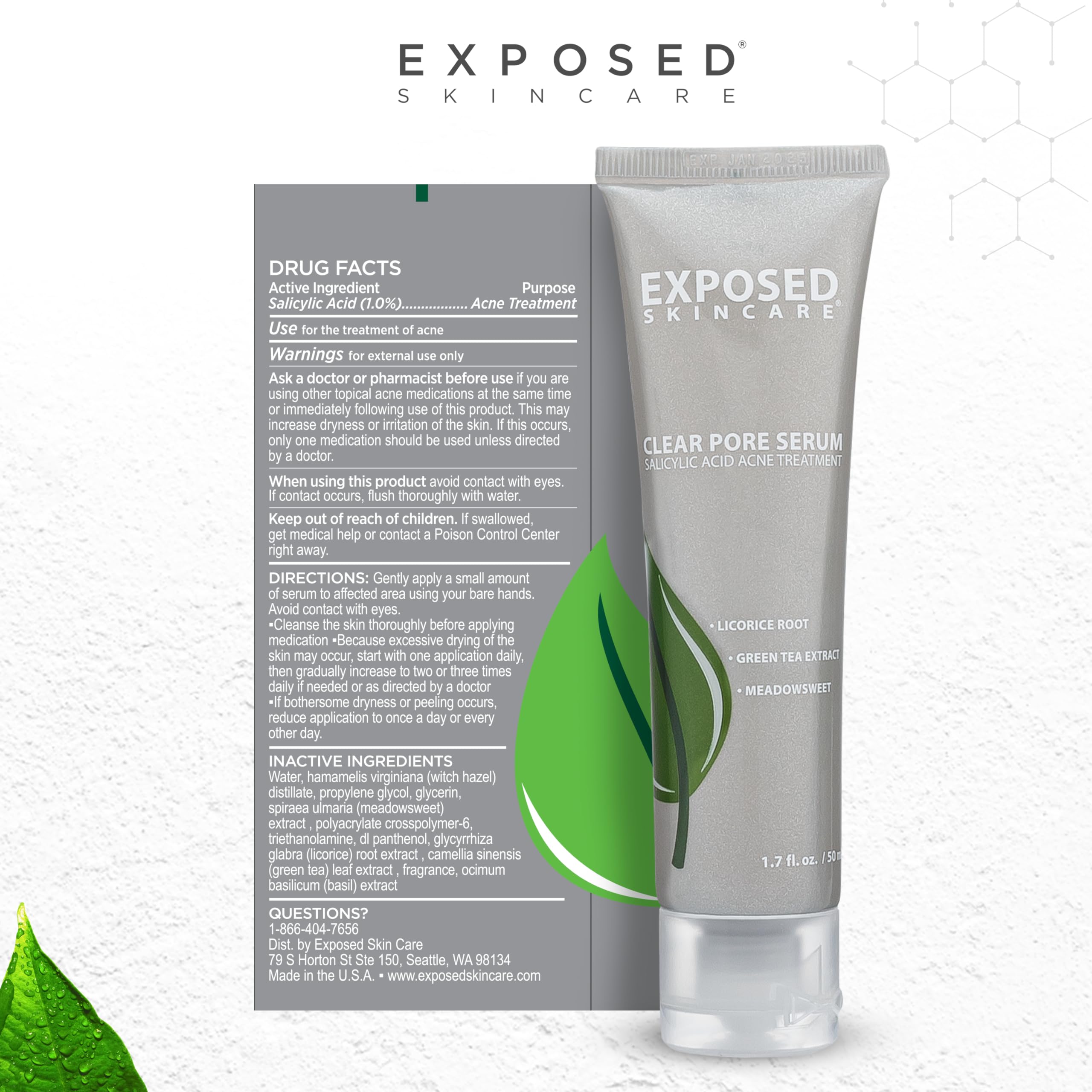 Exposed Skin Care Clear Pore Serum ingredients panel highlights green tea and licorice benefits.