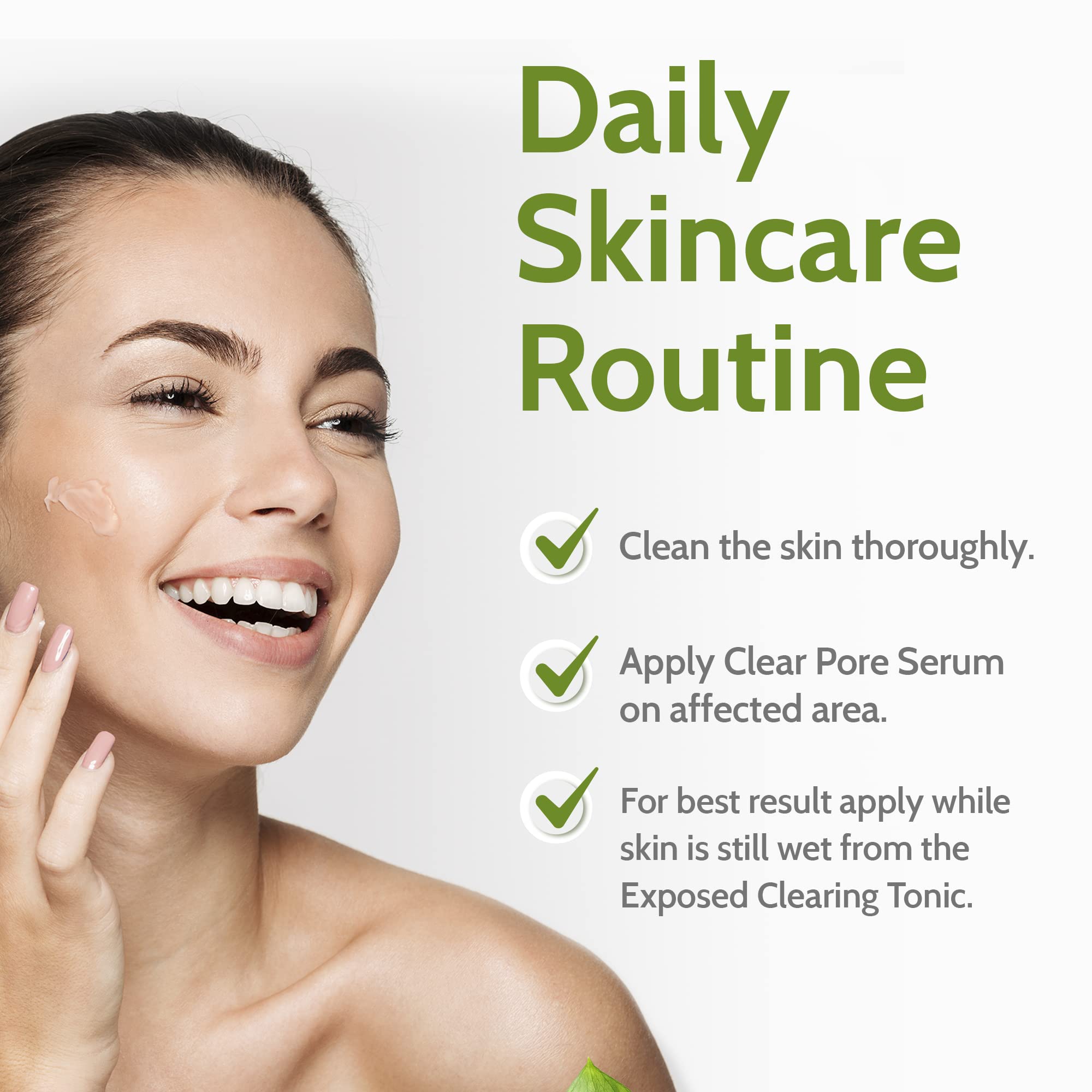 Exposed Skin Care Clear Pore Serum on-skin closeup communicates smooth, refined pores.