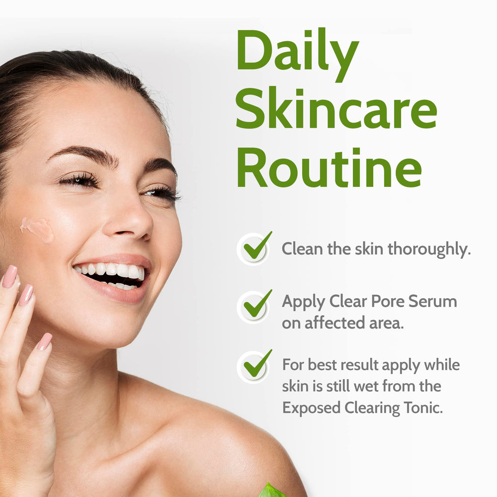 Exposed Skin Care Clear Pore Serum on-skin closeup communicates smooth, refined pores.