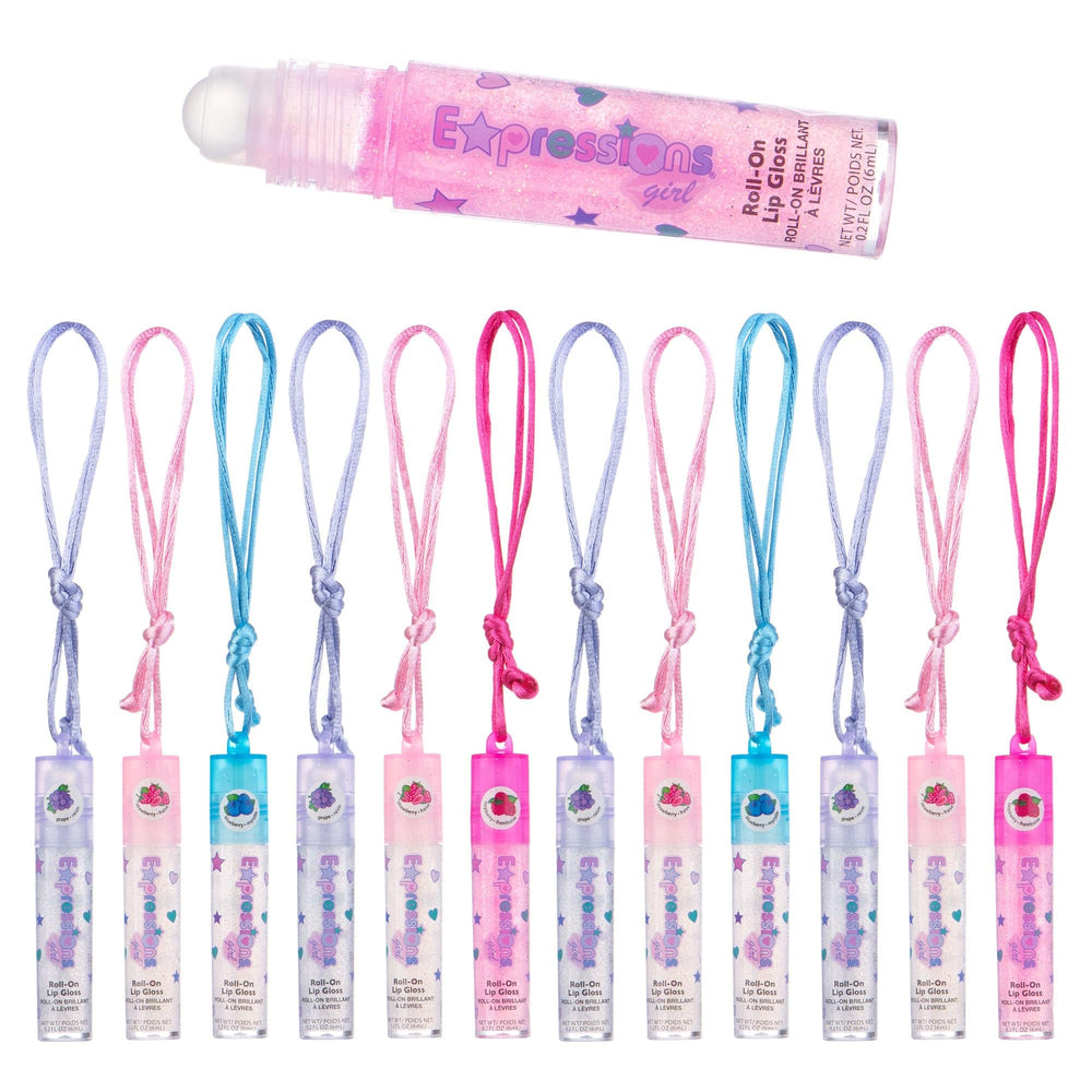 Expressions lip gloss necklace pack packaging, a 12-piece set ready for gifting.