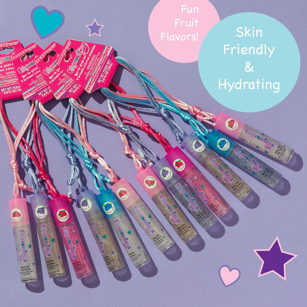 Expressions lip gloss necklace pack rollerball top for quick, mess-free application.