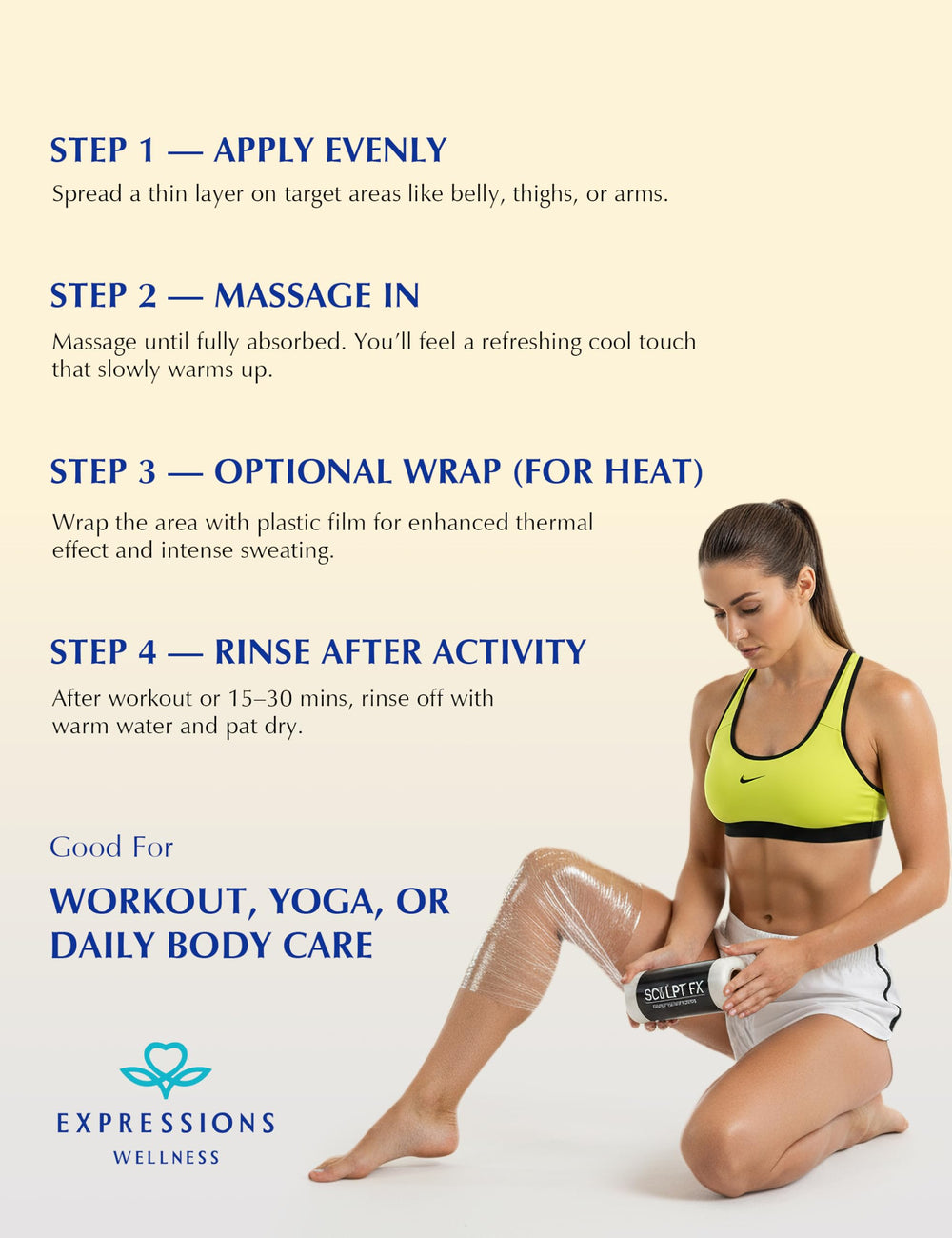 Expressions Wellness pre-workout application on legs demonstrates use before exercise for potential tightening