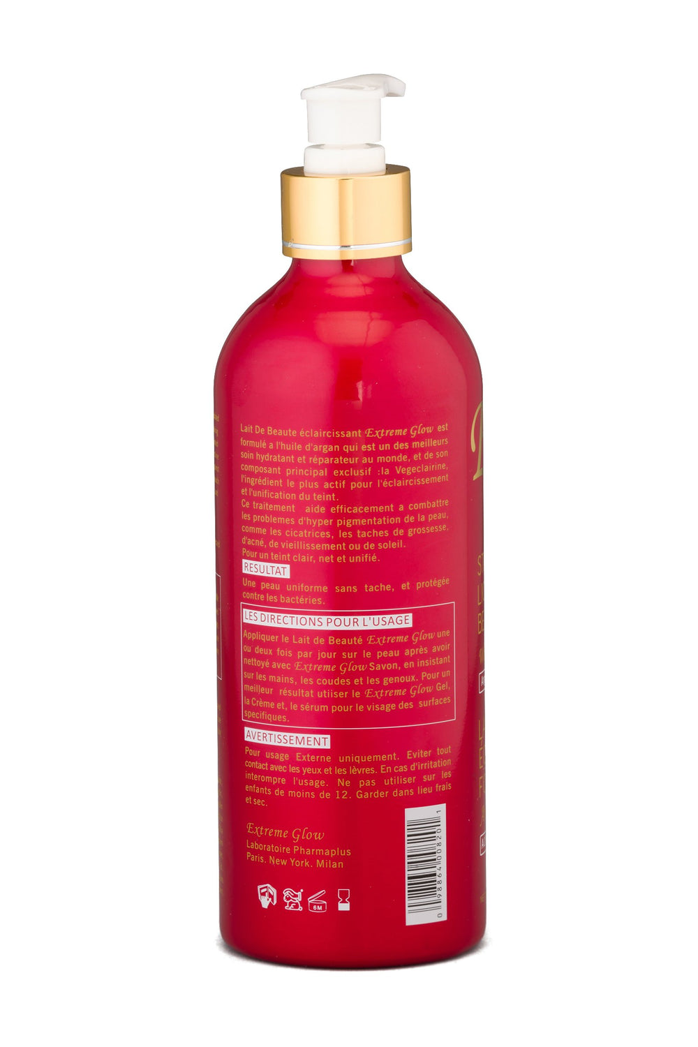 Extreme Glow Strong Lightening Beauty Milk packaging on shelf display suggesting consistency and all-skin-tone suitability.