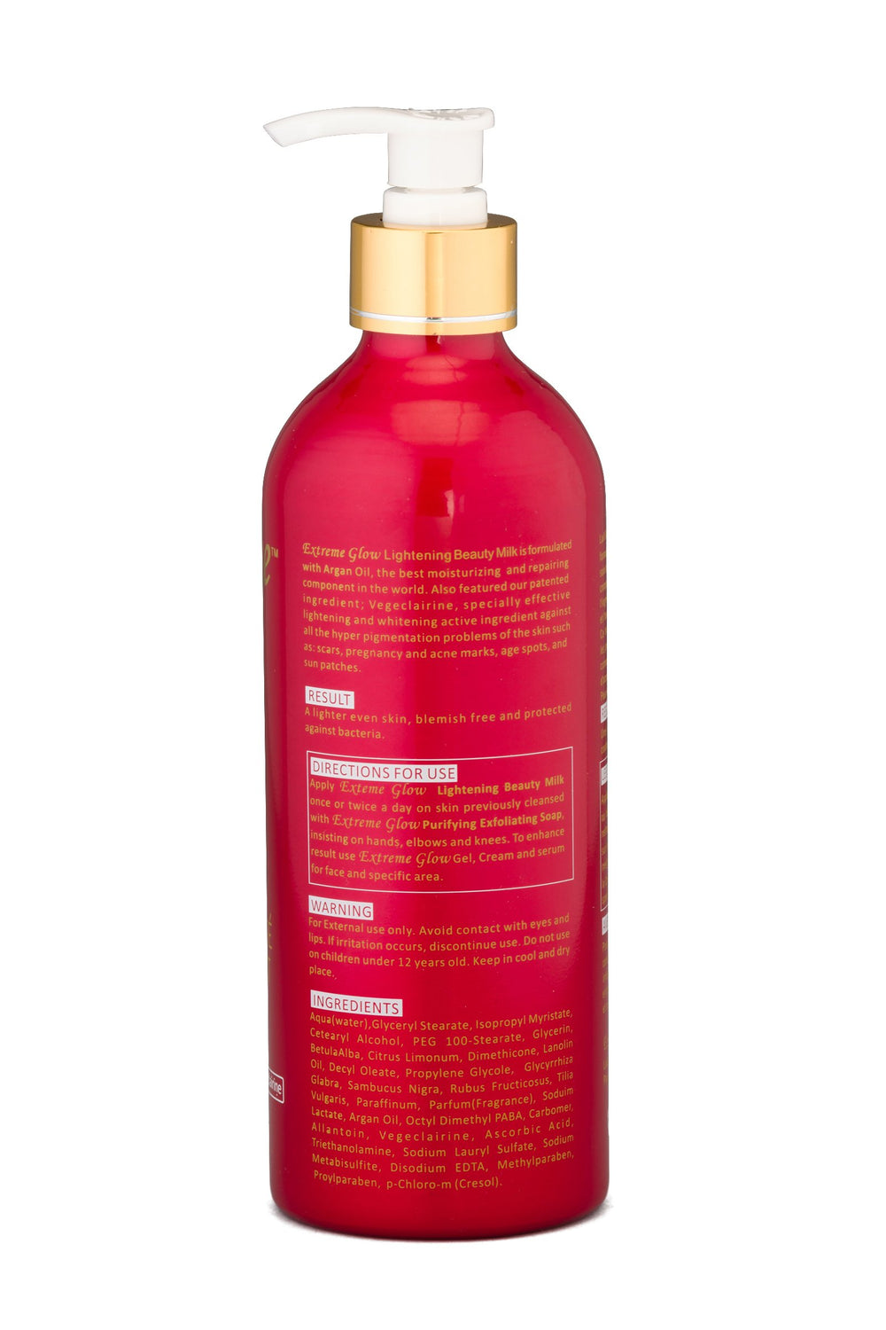 Extreme Glow Strong Lightening Beauty Milk pump close-up highlighting silky texture and ease of application.