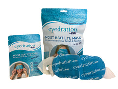 Eyedration steam mask applied over eyelids showing soothing warmth
