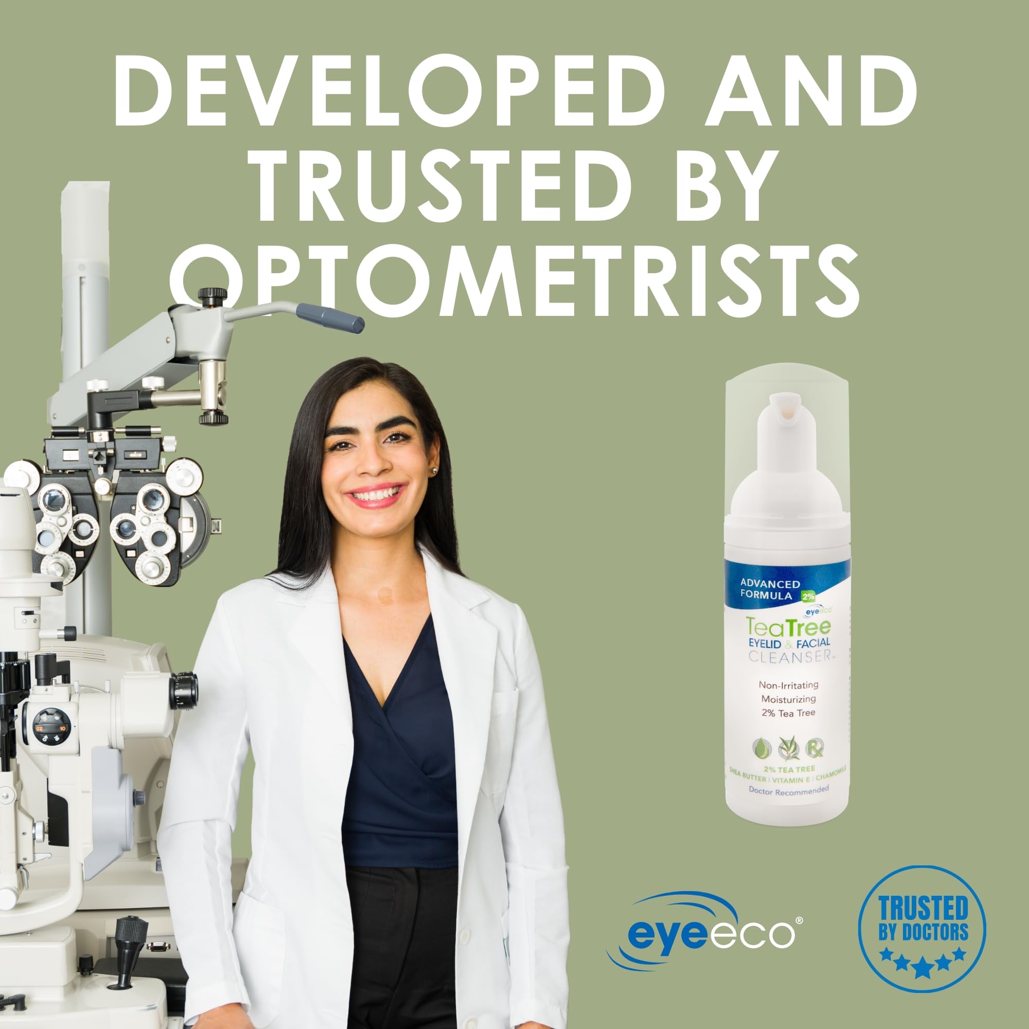 EyeEco tea tree oil drops highlight natural cleansing ingredient for routines.