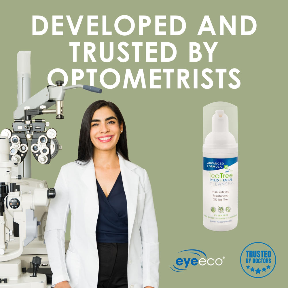 EyeEco tea tree oil drops highlight natural cleansing ingredient for routines.
