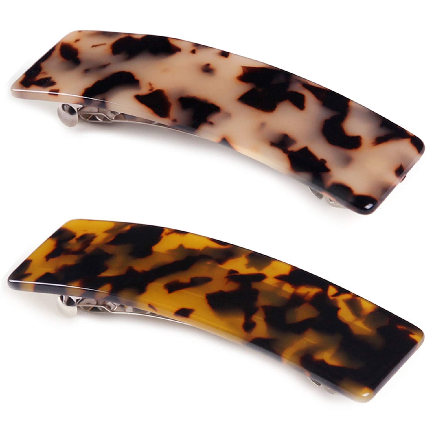 Eyegla hair barrette tortoise-shell rectangle closeup shows elegant finish and secure grip.