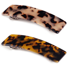 Eyegla hair barrette tortoise-shell rectangle closeup shows elegant finish and secure grip.