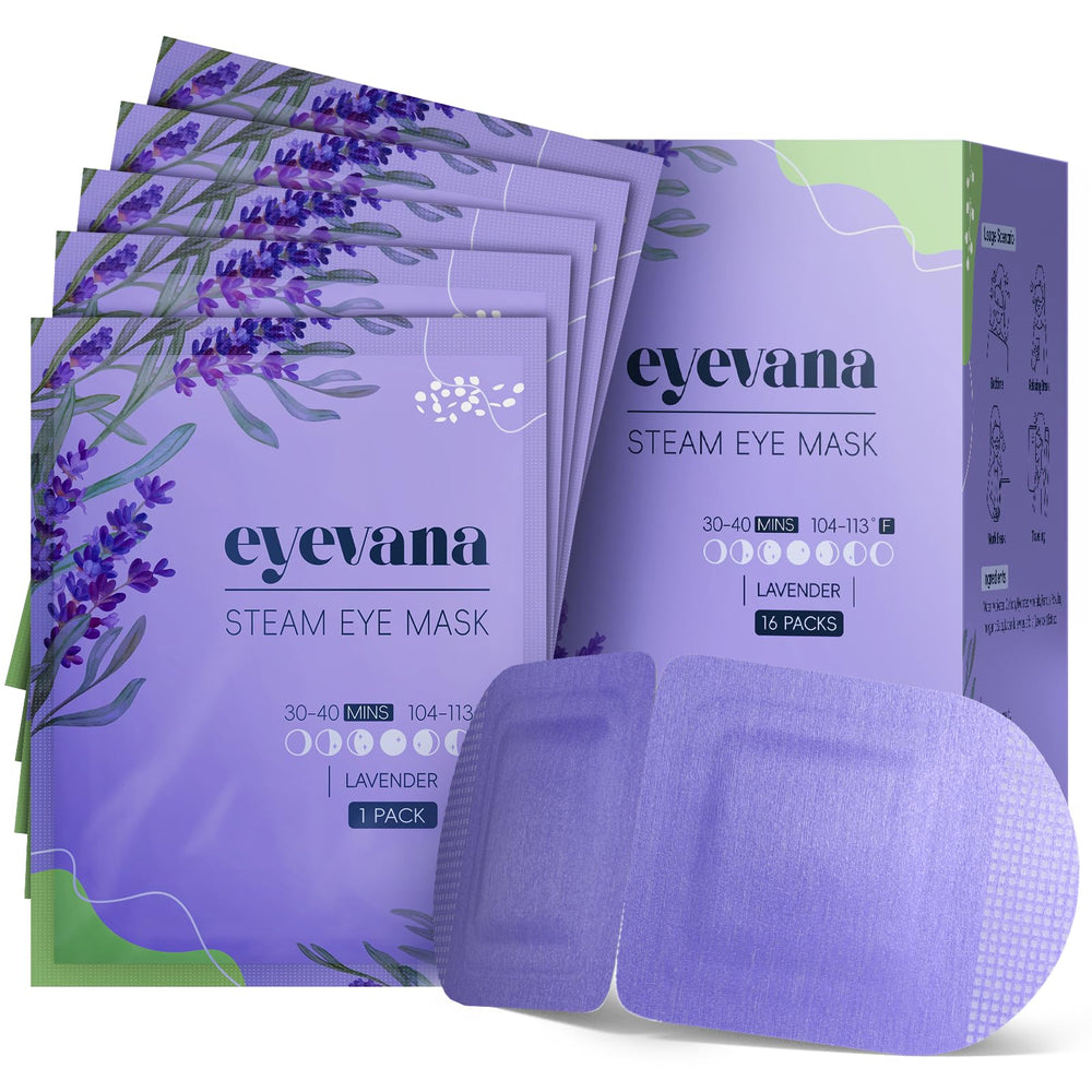 Eyevana 16-pack steam eye mask box delivers relaxing warmth for tired eyes.