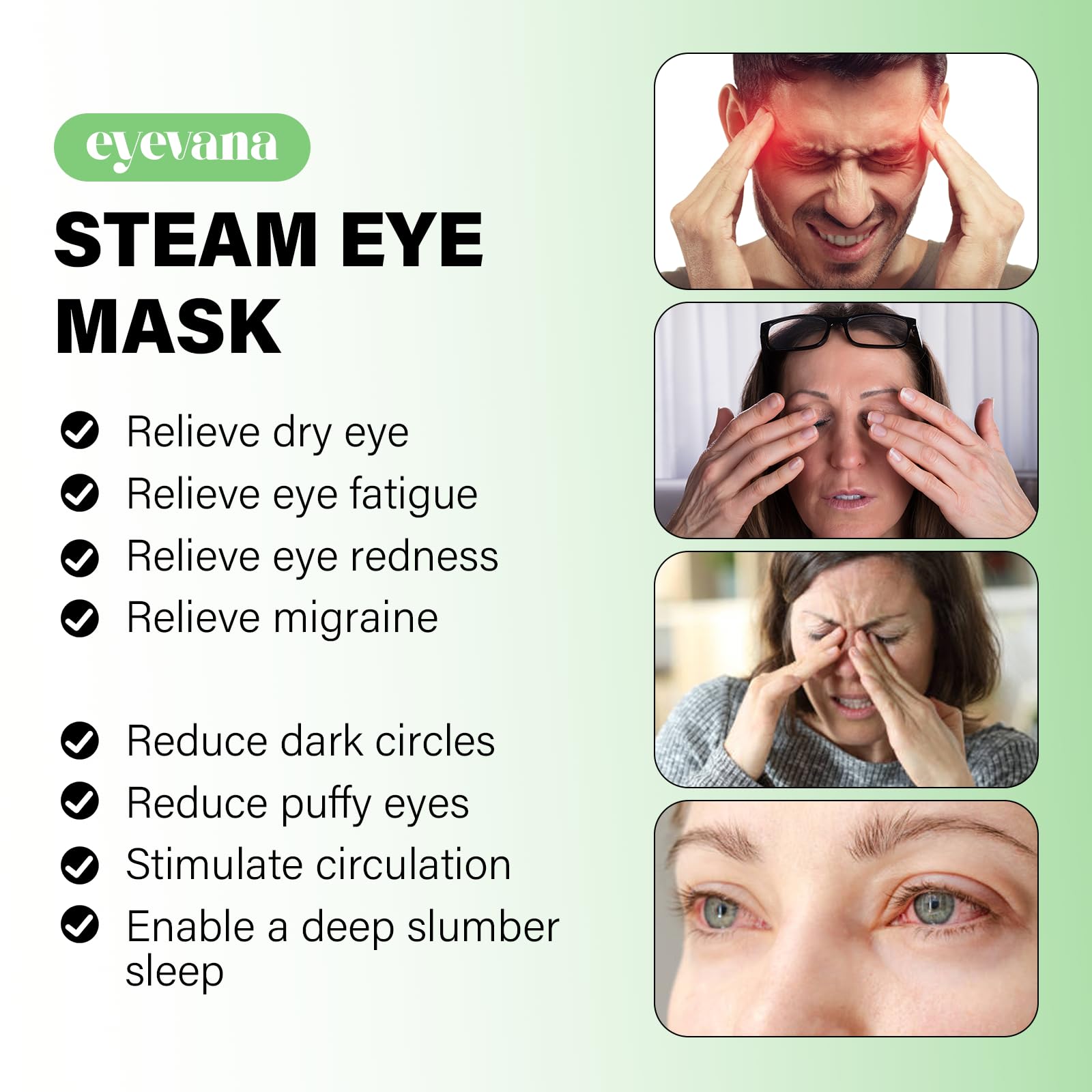 eyevana self-heating eye mask application demonstrates warm, moist relief.