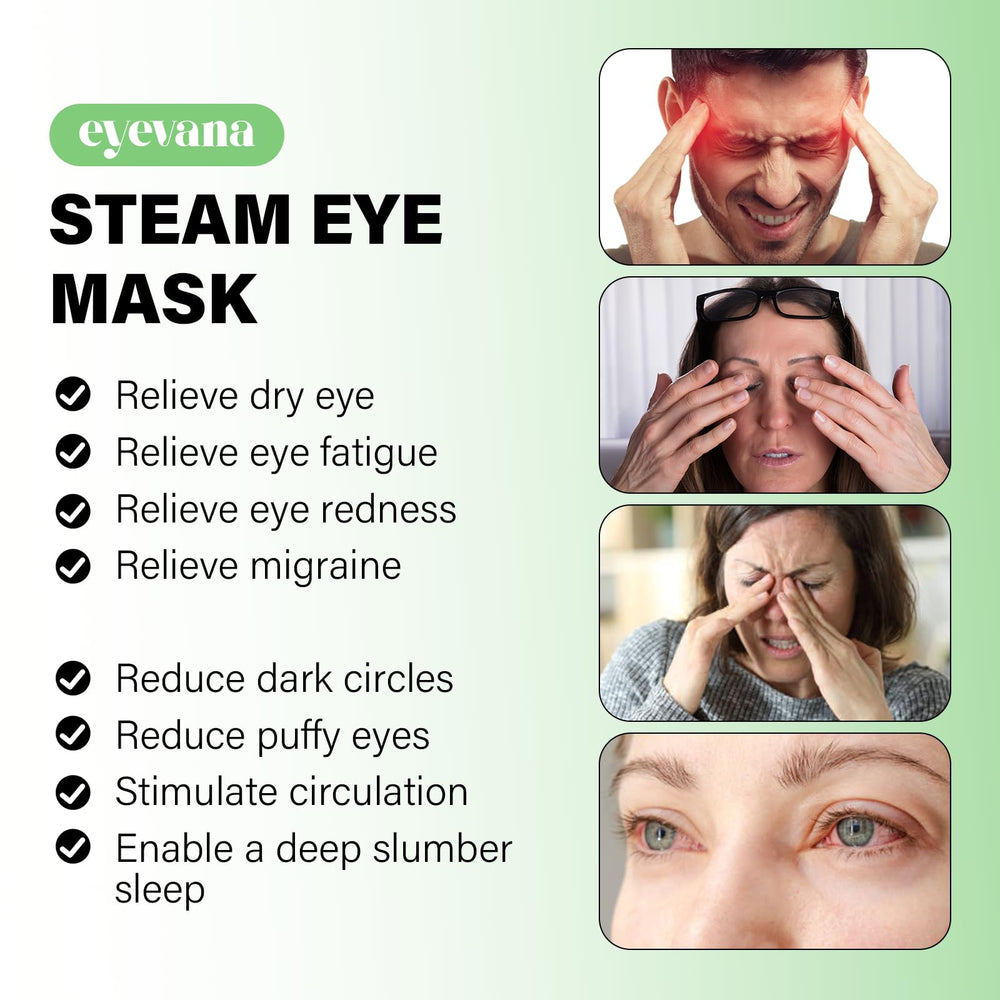 eyevana self-heating eye mask application demonstrates warm, moist relief.