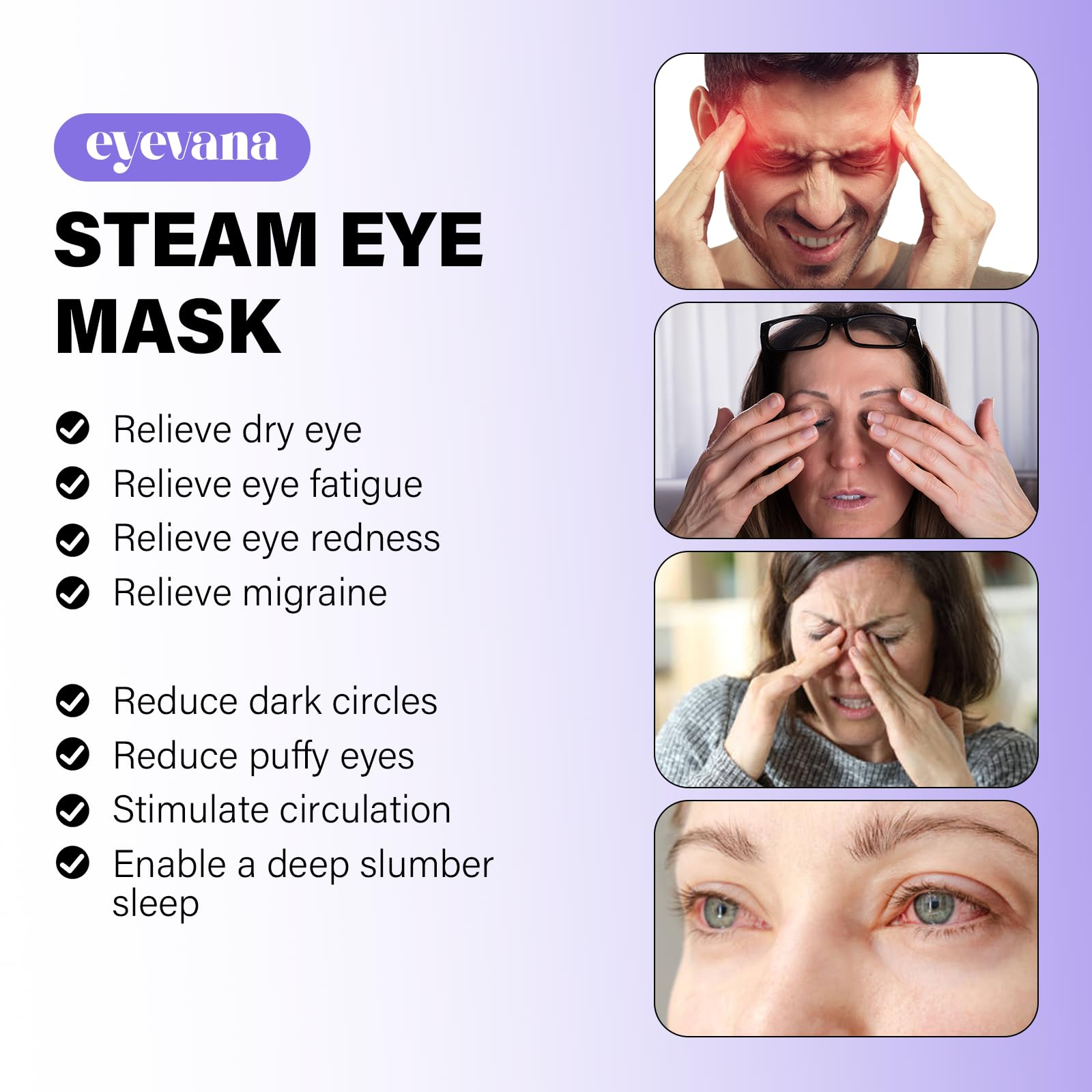 Eyevana lavender steam eye mask ready for post-work relaxation and rest.