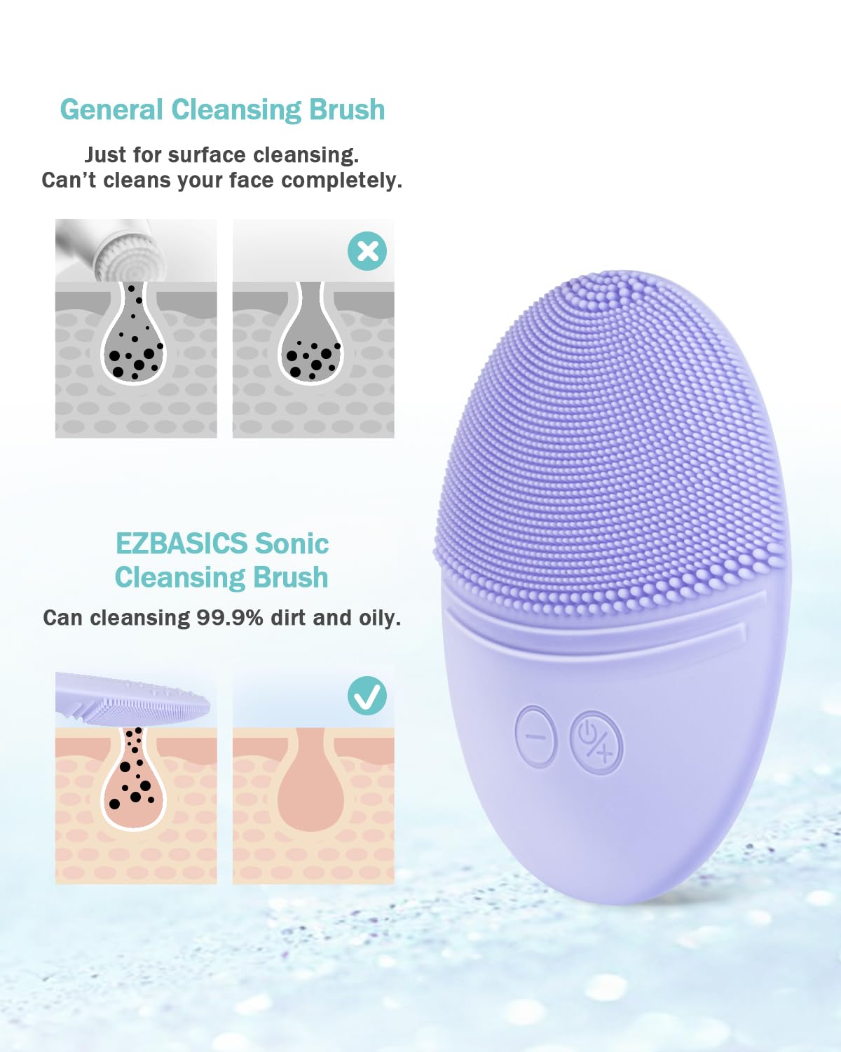 EZBASICS sonic vibrating brush in violet for deep cleansing and gentle massage in shower.