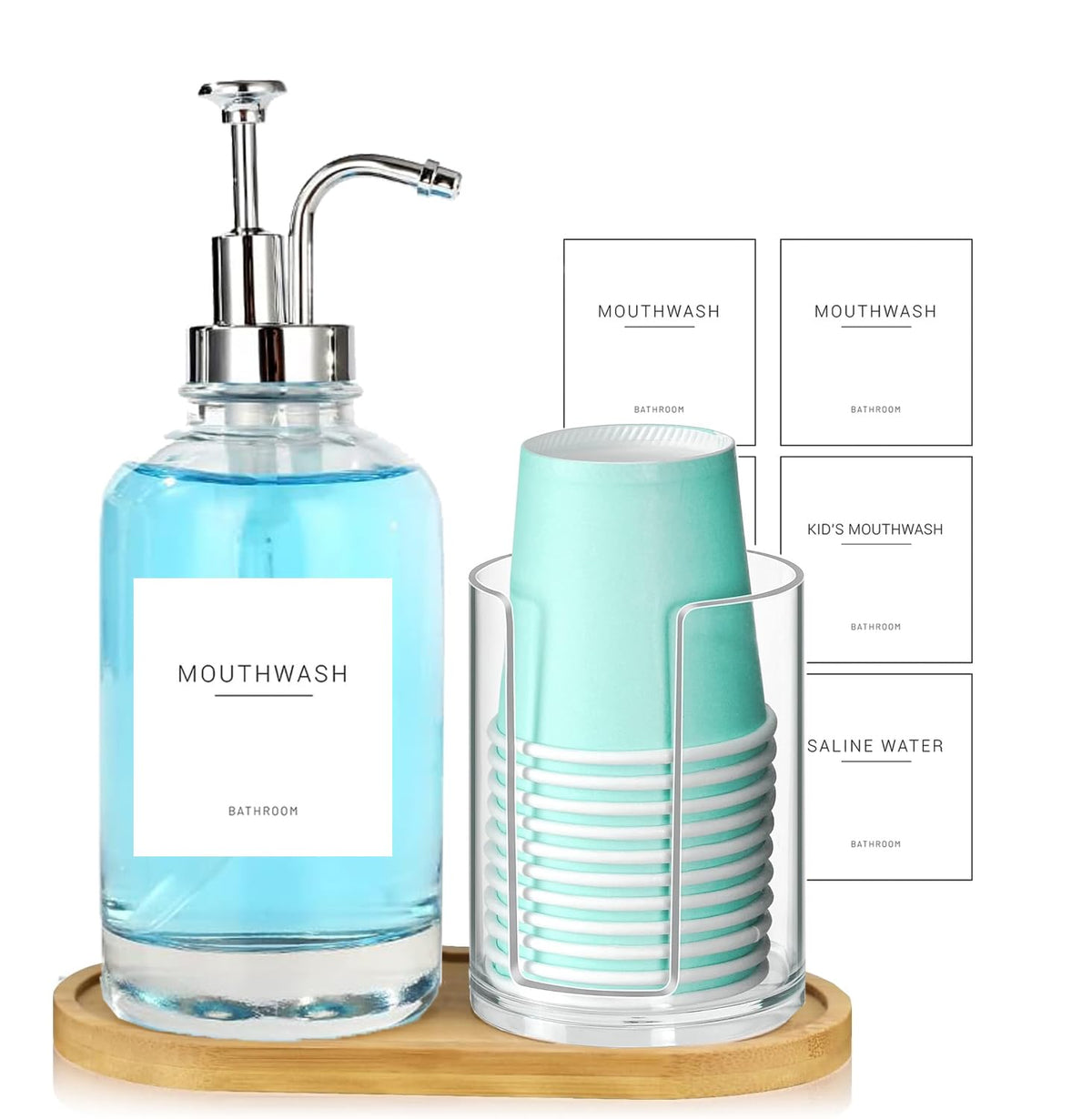 Ezebesta 17oz dispenser pump shown pouring for quick daily mouthwash routine
