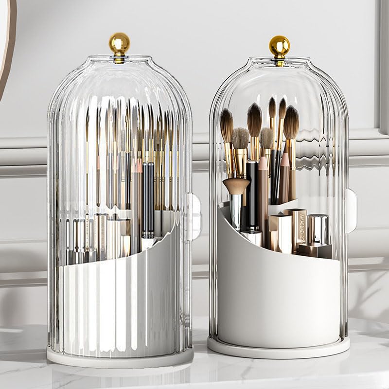 Ezebesta makeup brush holder with clear lid showcases brushes on vanity