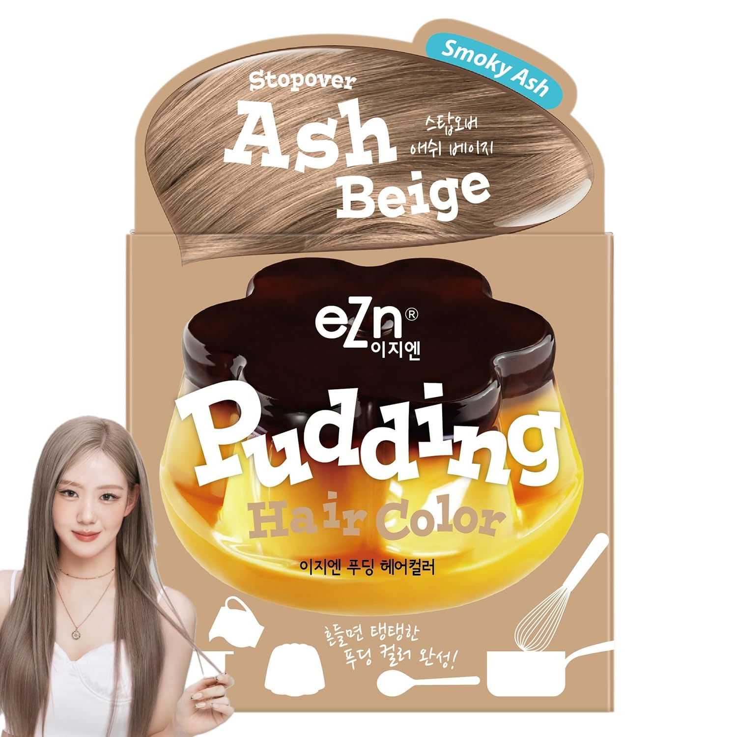eZn Pudding Hair Dye ash beige packaging highlights a gentle, ammonia-free color system.
