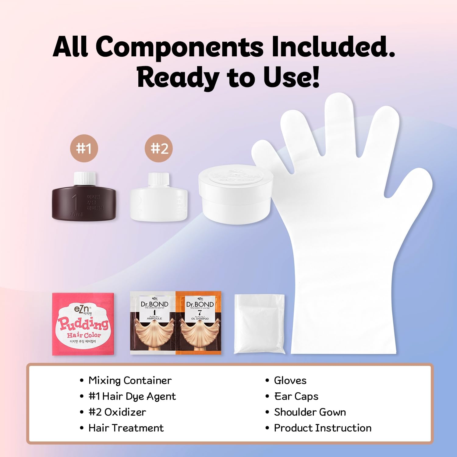 eZn Pudding Hair Dye color-mixing step shows two liquids forming cream texture.