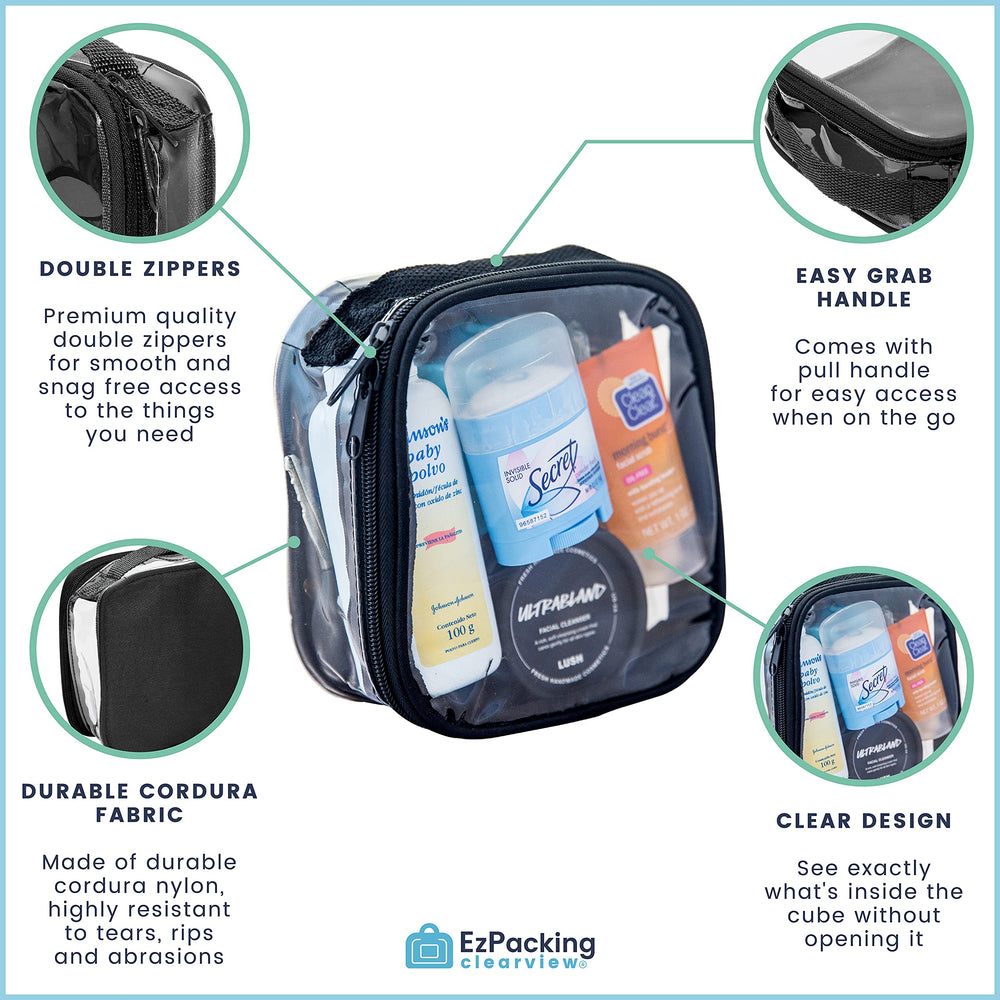 EzPacking travel-ready bag in use during flight with toiletries.