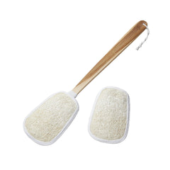 FAAY 17inch natural loofah back scrubber with extended teak handle for full back exfoliation.