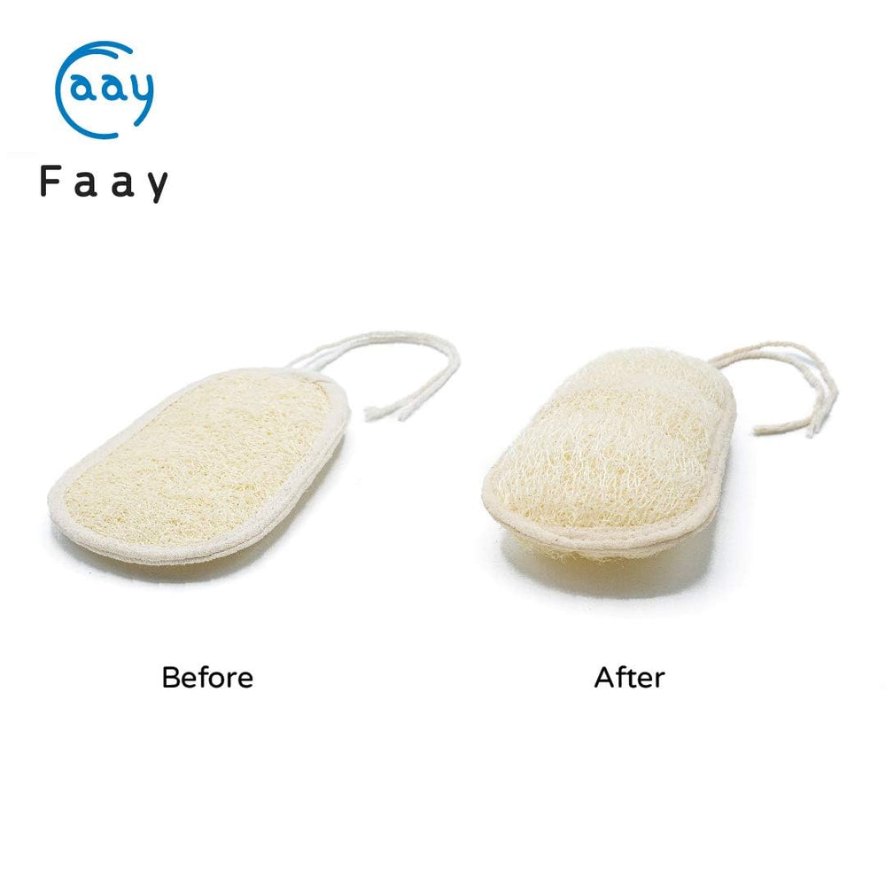 FAAY two-sided Egyptian loofah pad enhances skin exfoliation and rejuvenation.
